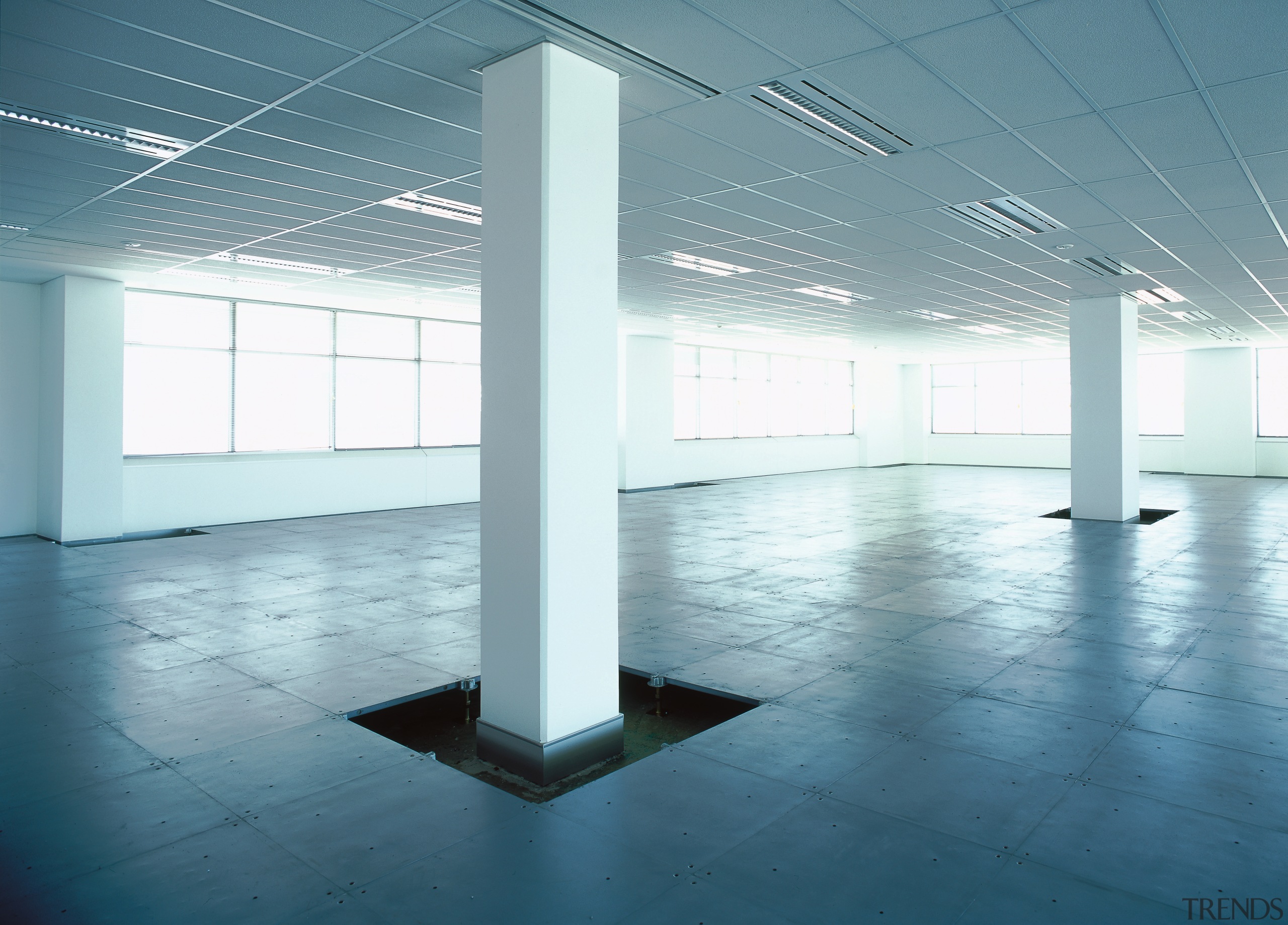 view of the raised access flooring - view architecture, daylighting, glass, structure, teal, white