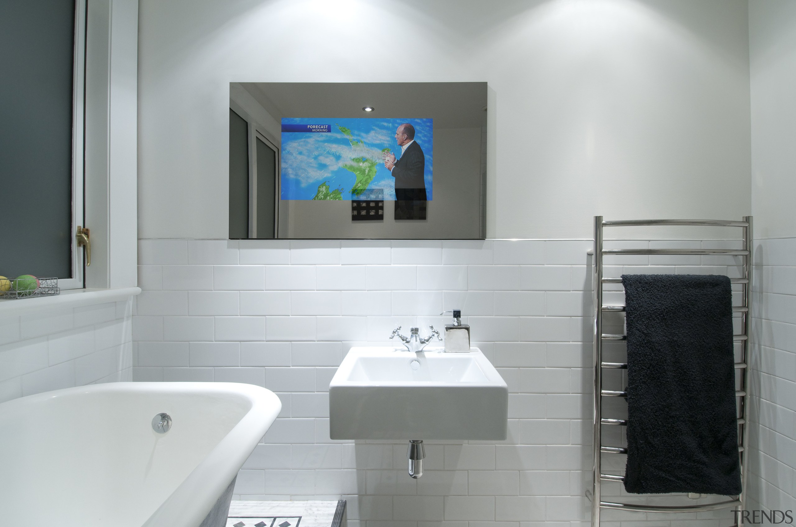 View of white bathroom and waterproof LCD television bathroom, bathroom accessory, home, interior design, product design, room, sink, gray
