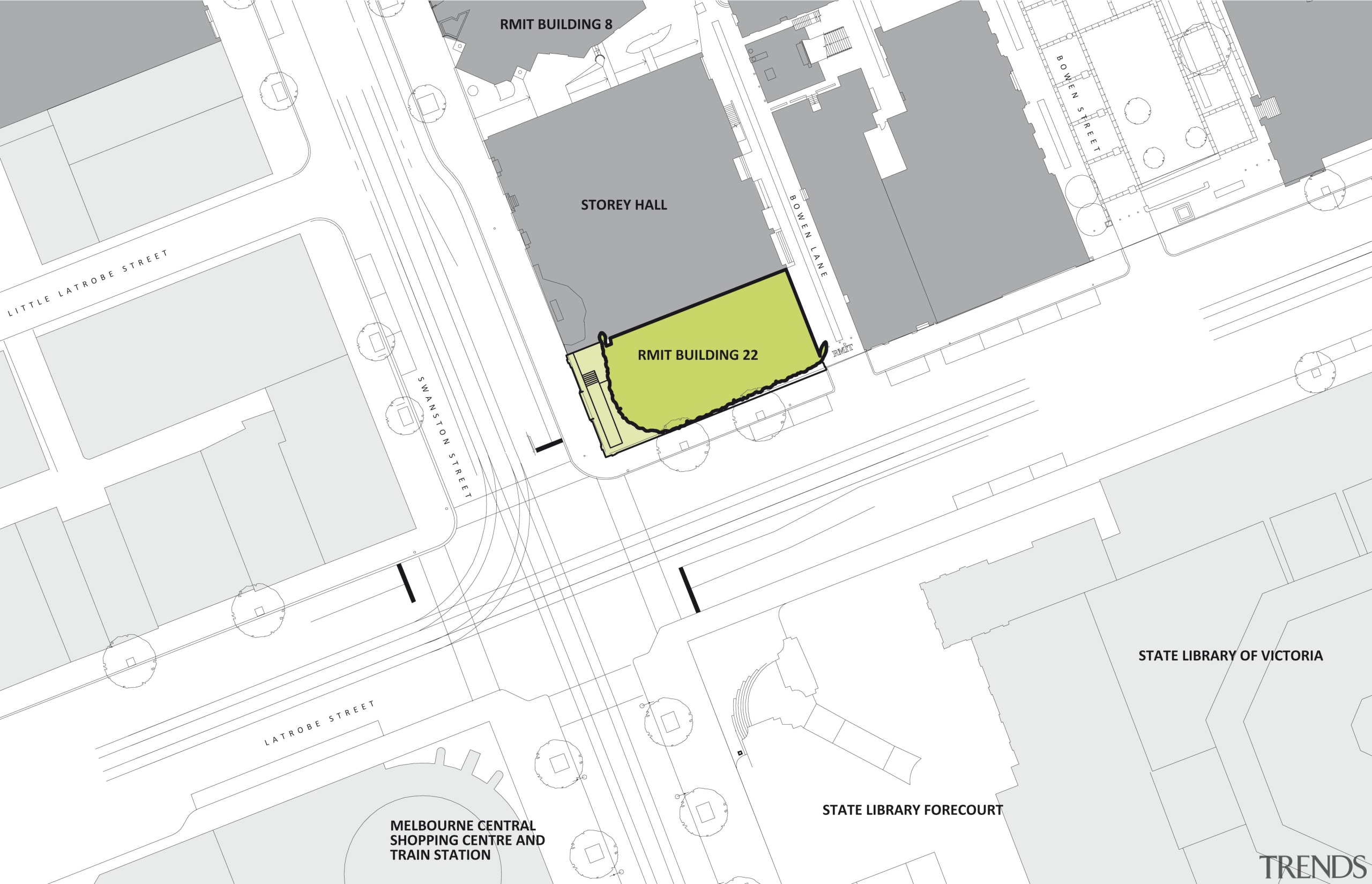 View of RMIT building in Melbourne with green area, design, diagram, line, map, plan, product design, urban design, white