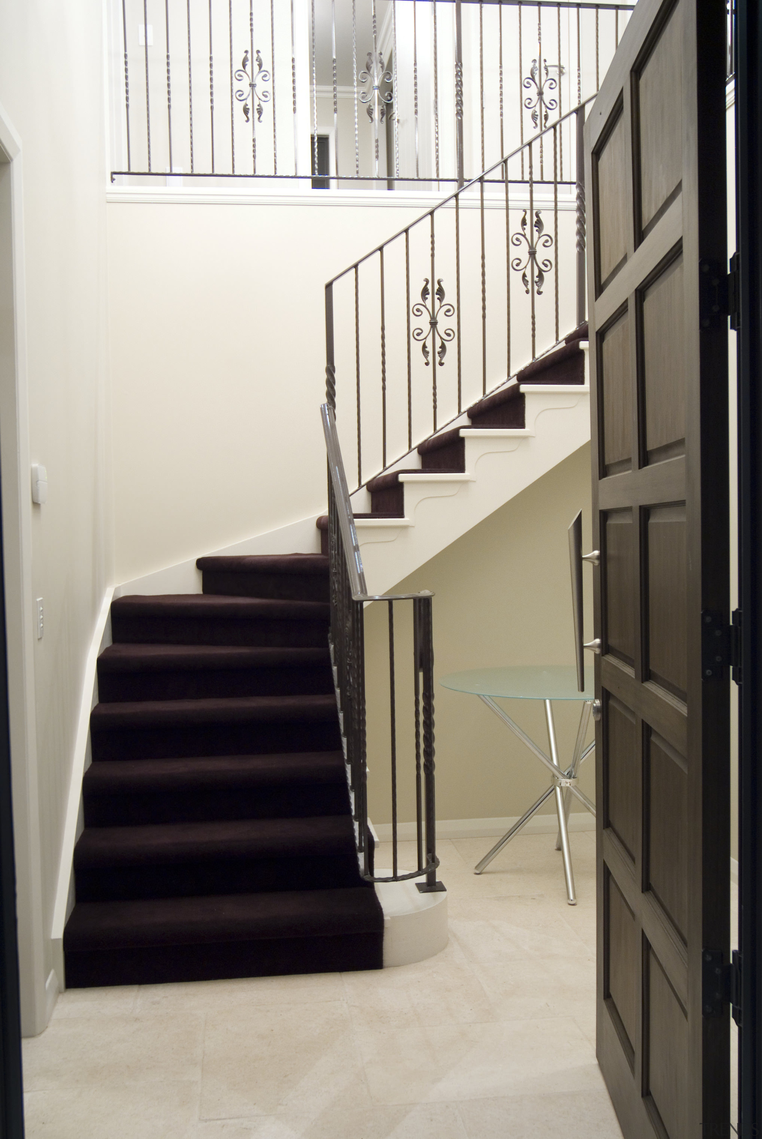 Stairway inside masonry home built by Group Masonry architecture, baluster, floor, flooring, glass, handrail, home, interior design, stairs, structure, white, black