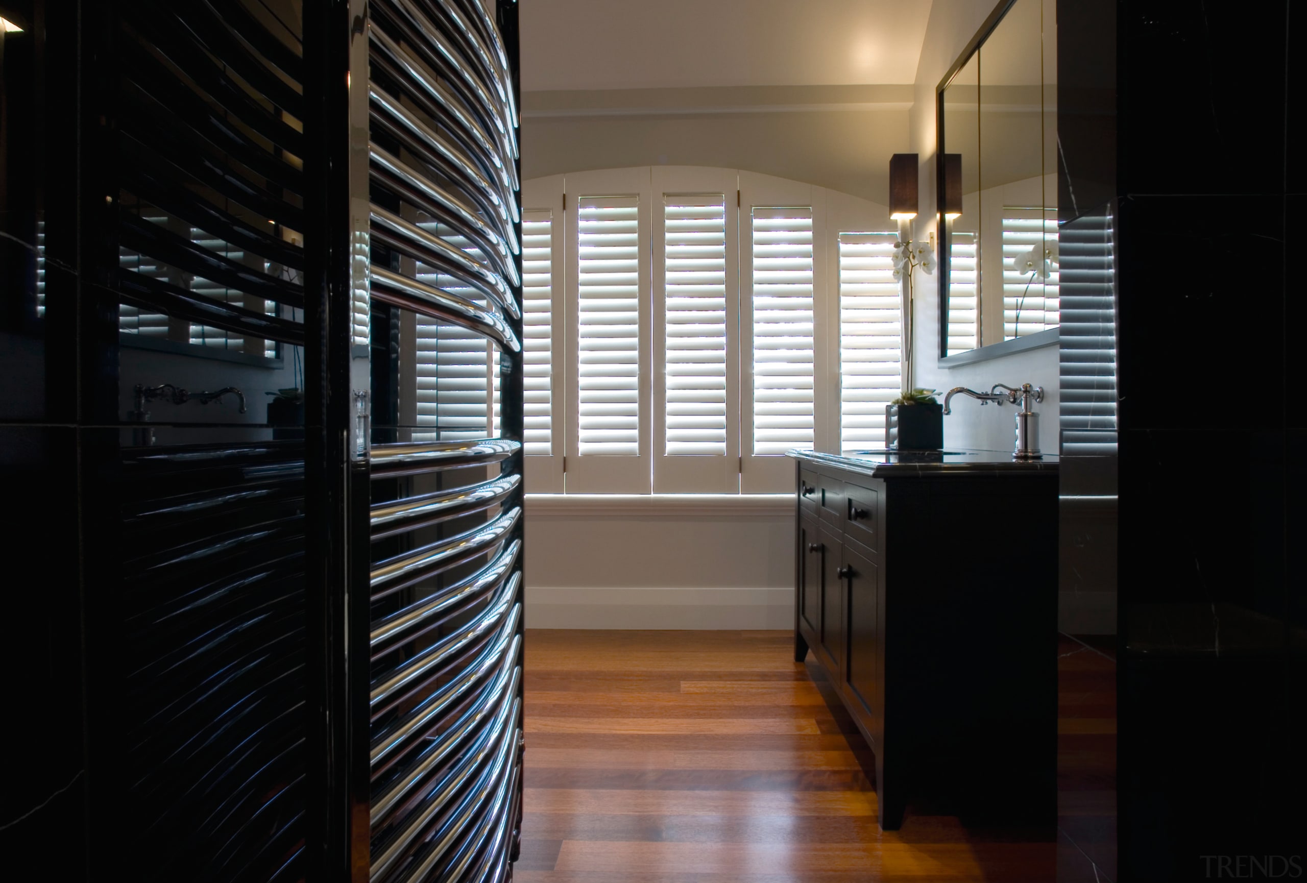 A view of the NKBA Award wining bathroom apartment, architecture, daylighting, home, interior design, room, window, window covering, wood, black