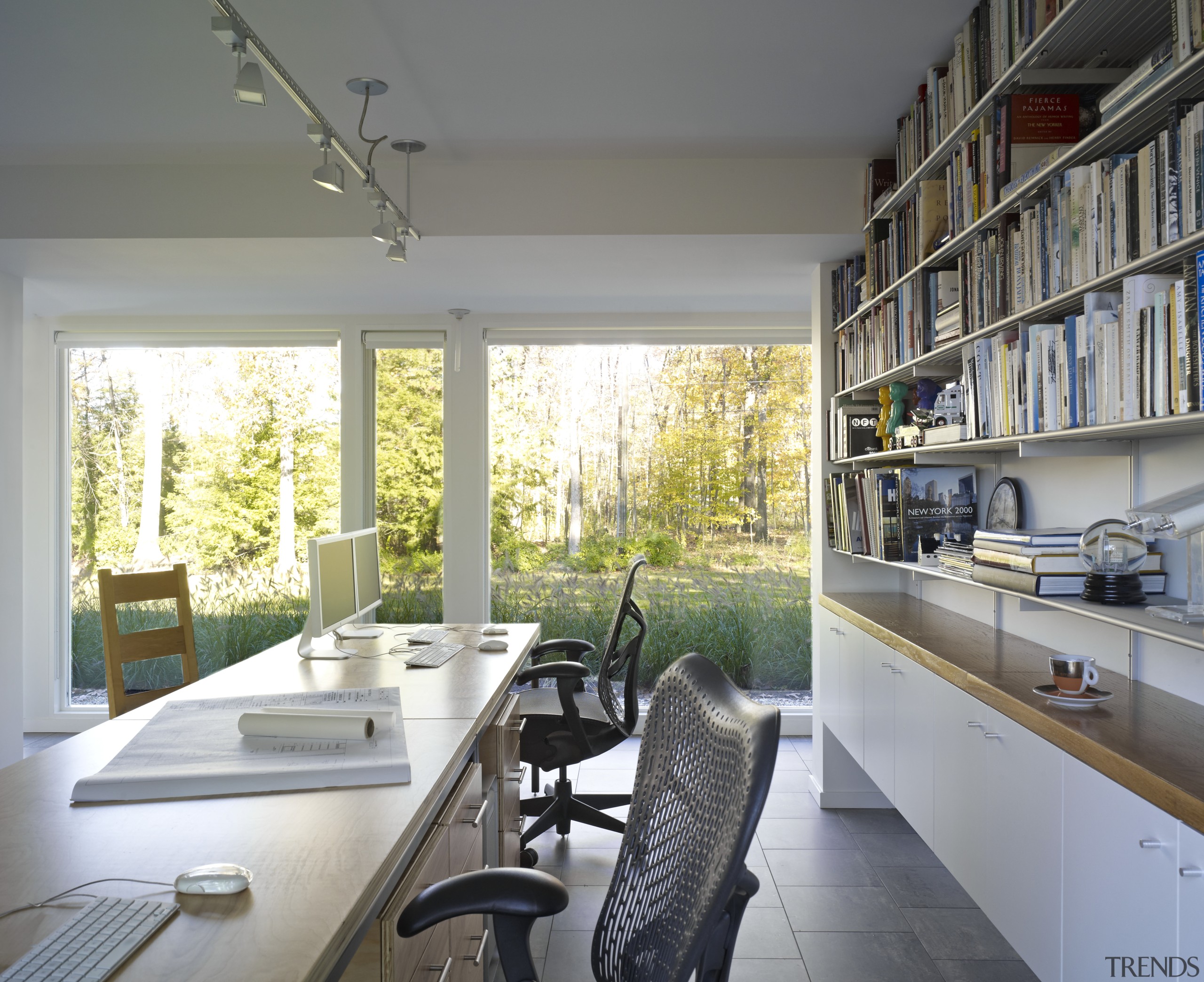 The study in this remodelled house is open architecture, home, house, interior design, real estate, window, gray