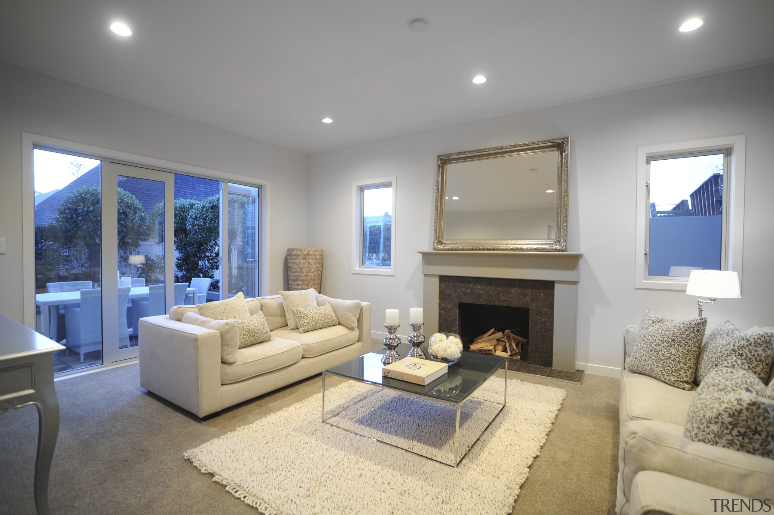 Living area with fireplace. - Living area with ceiling, estate, home, interior design, living room, property, real estate, room, window, gray