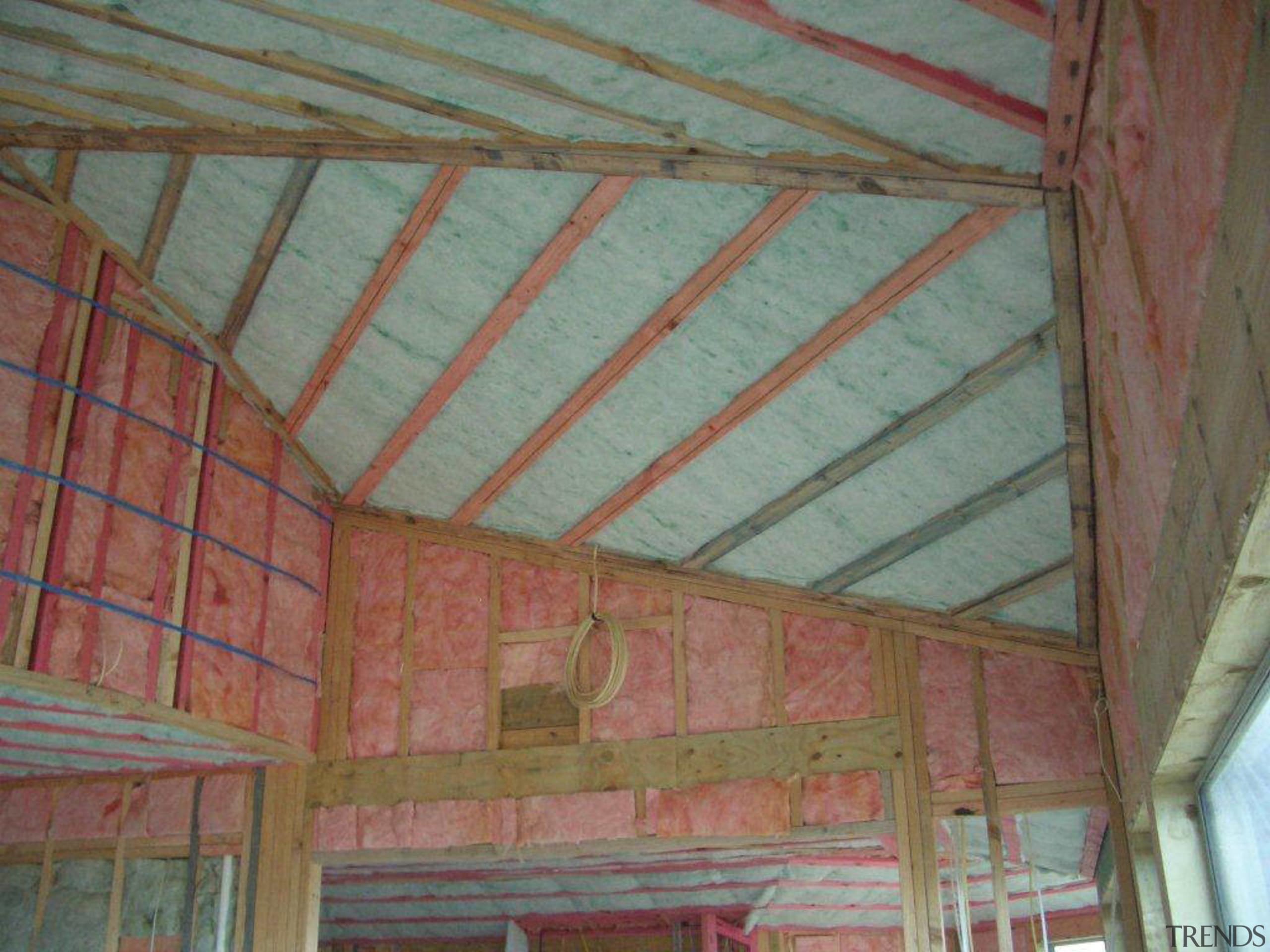 View of home insulation by Insultech Group. - attic, beam, building insulation, ceiling, daylighting, roof, shed, structure, wall, wood, gray, brown