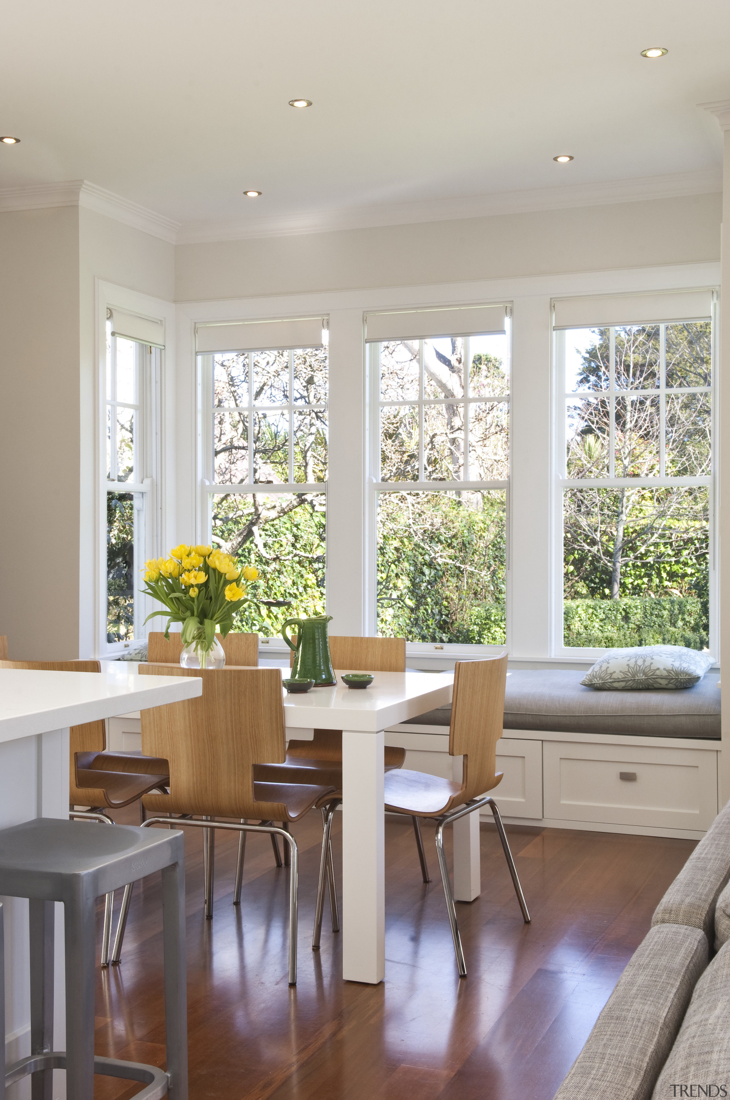 View of the extension to this 1930s home ceiling, dining room, furniture, home, interior design, kitchen, living room, room, table, window, gray