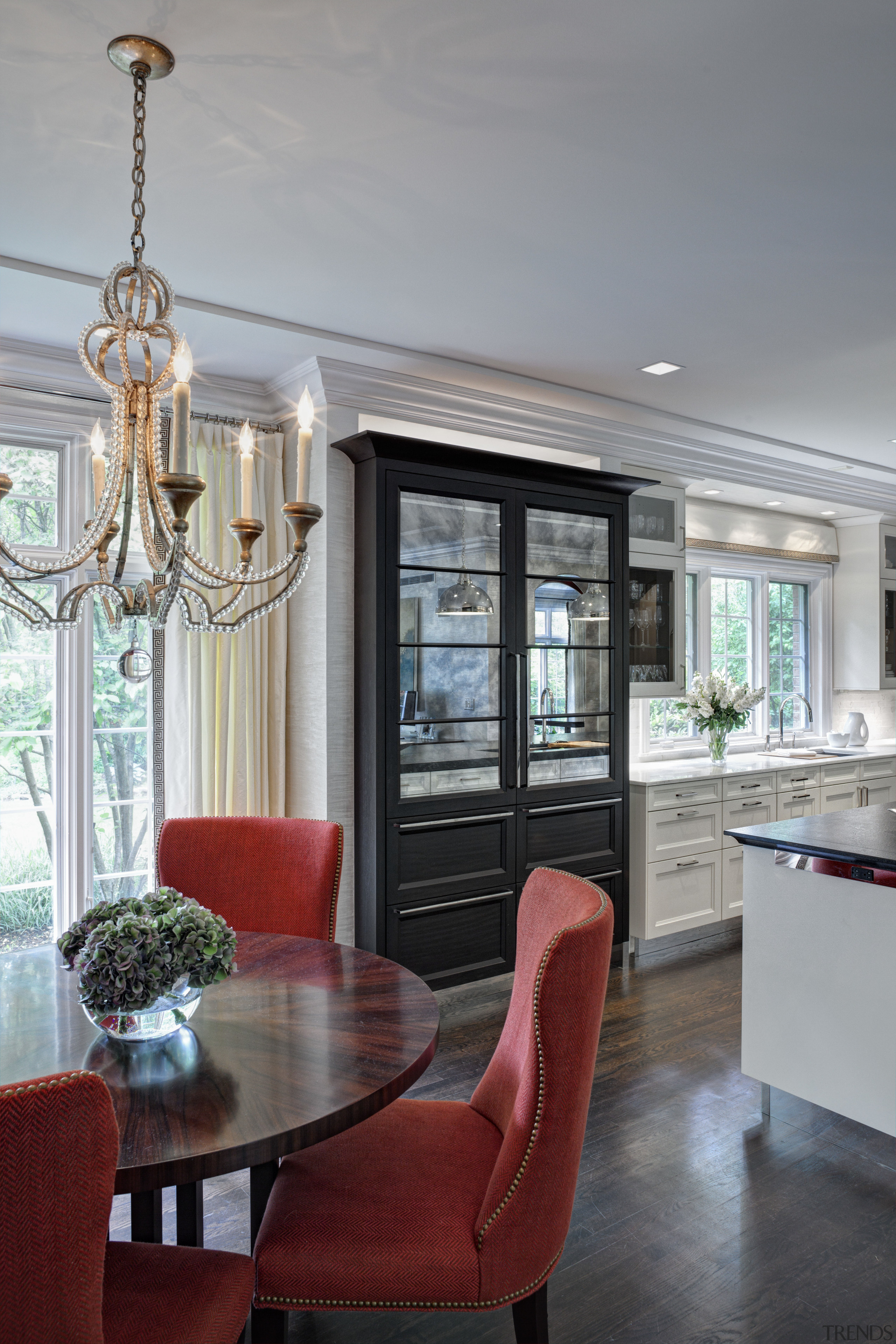 This Mick De Giulio  kitchen responds to ceiling, chair, dining room, home, interior design, living room, room, table, wall, window, gray