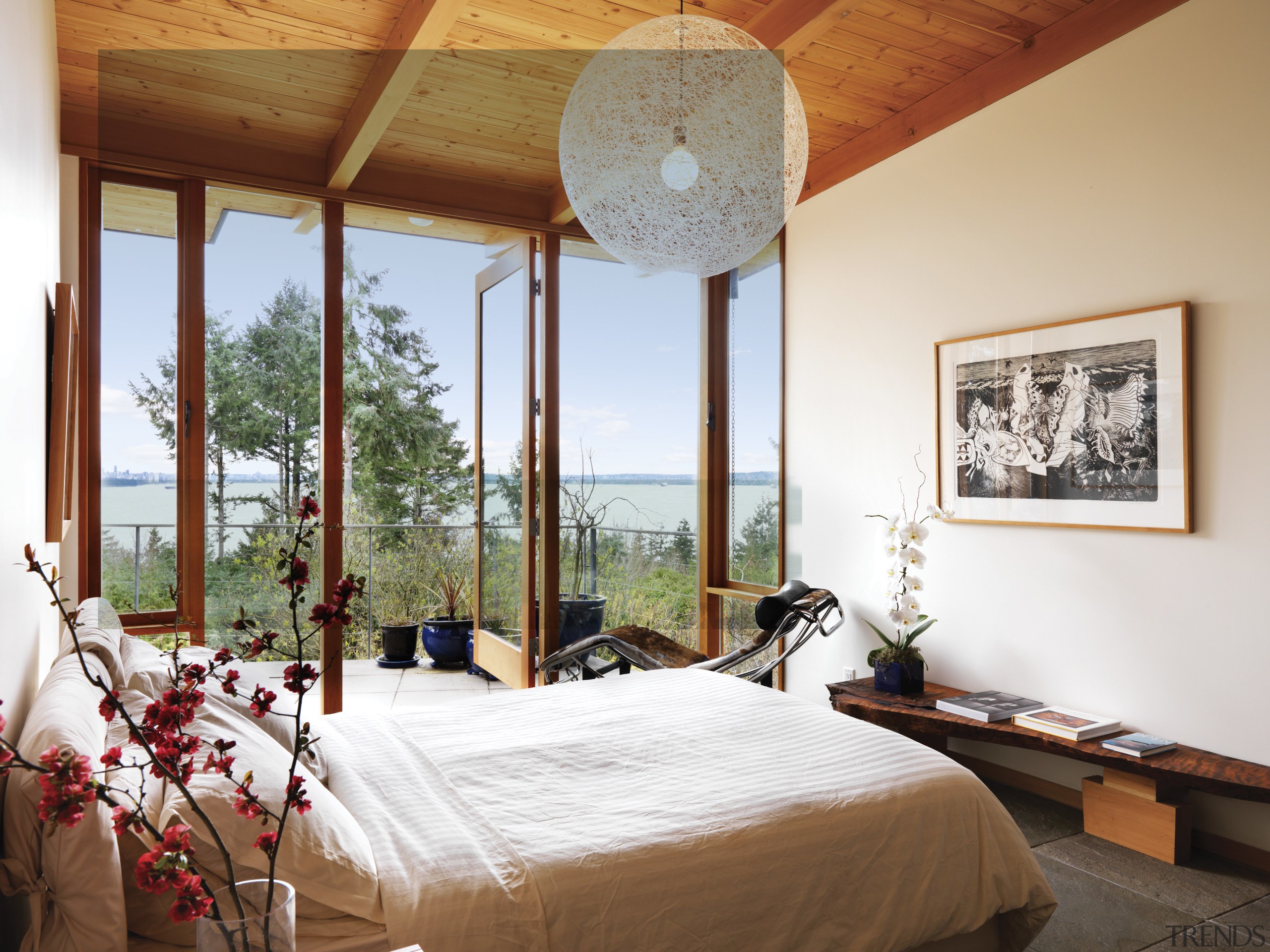 View of bedroom with circular light feature and bed, bedroom, ceiling, estate, home, house, interior design, property, real estate, room, wall, window, wood, white