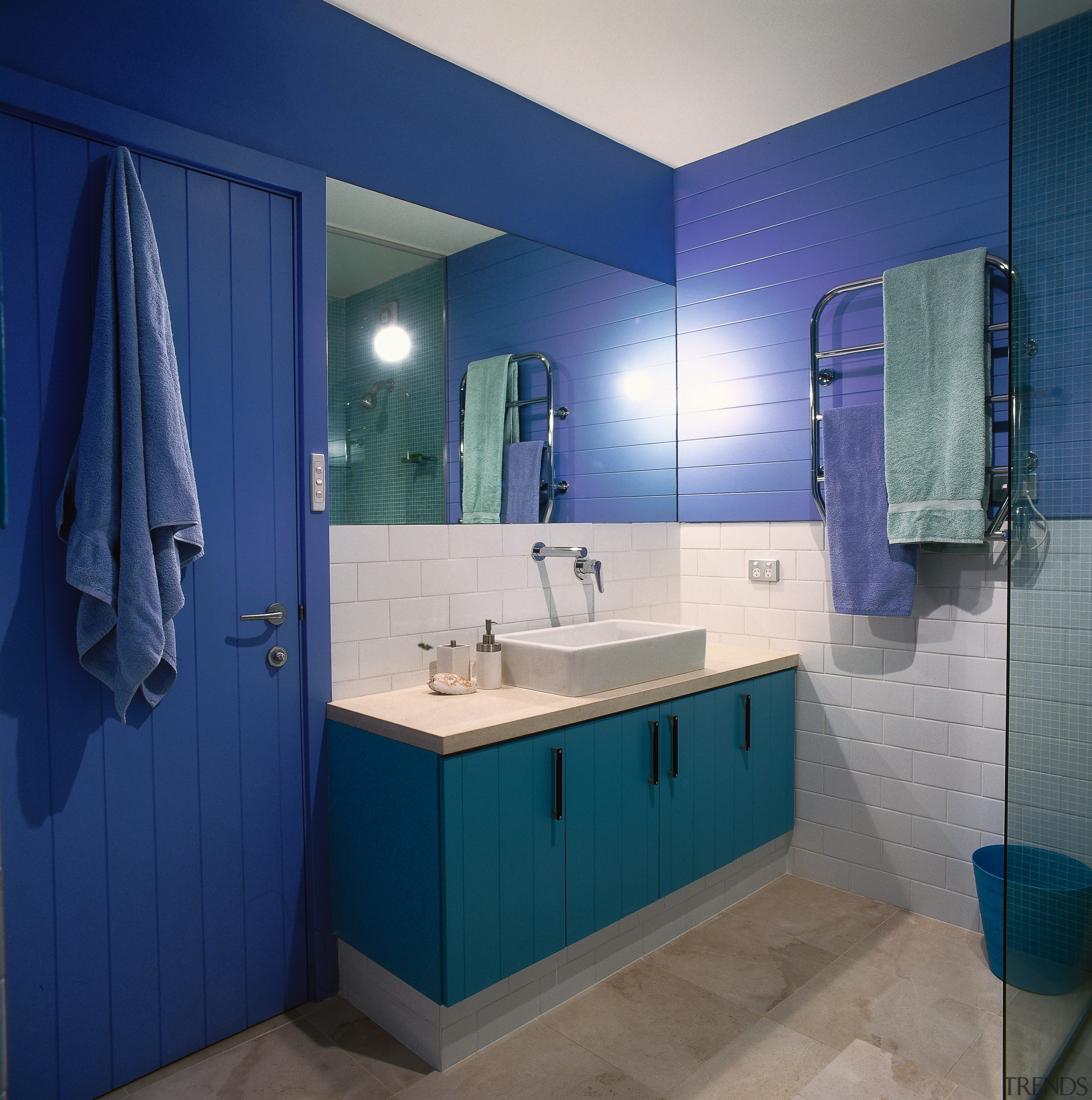 view of the cool feeling bathroom, s, white bathroom, bathroom accessory, bathroom cabinet, blue, interior design, purple, room, blue, gray