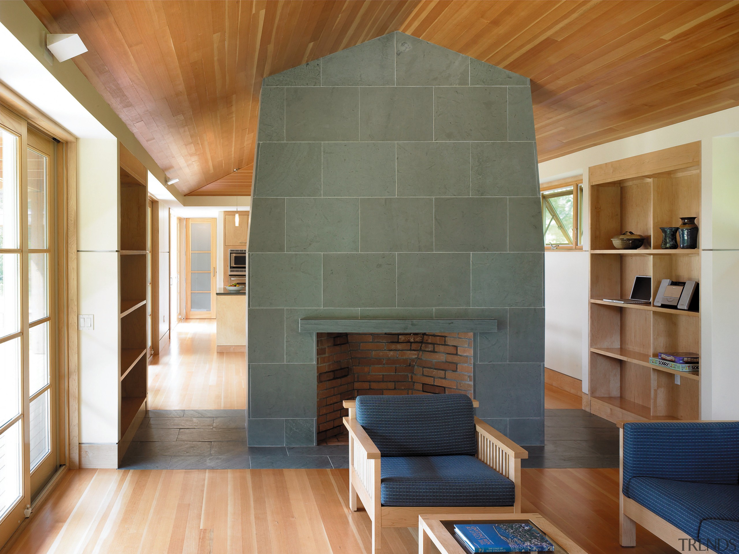 view of the living area featuring fir flooring, architecture, ceiling, daylighting, floor, hardwood, home, house, interior design, living room, loft, real estate, wall, wood, wood flooring, brown