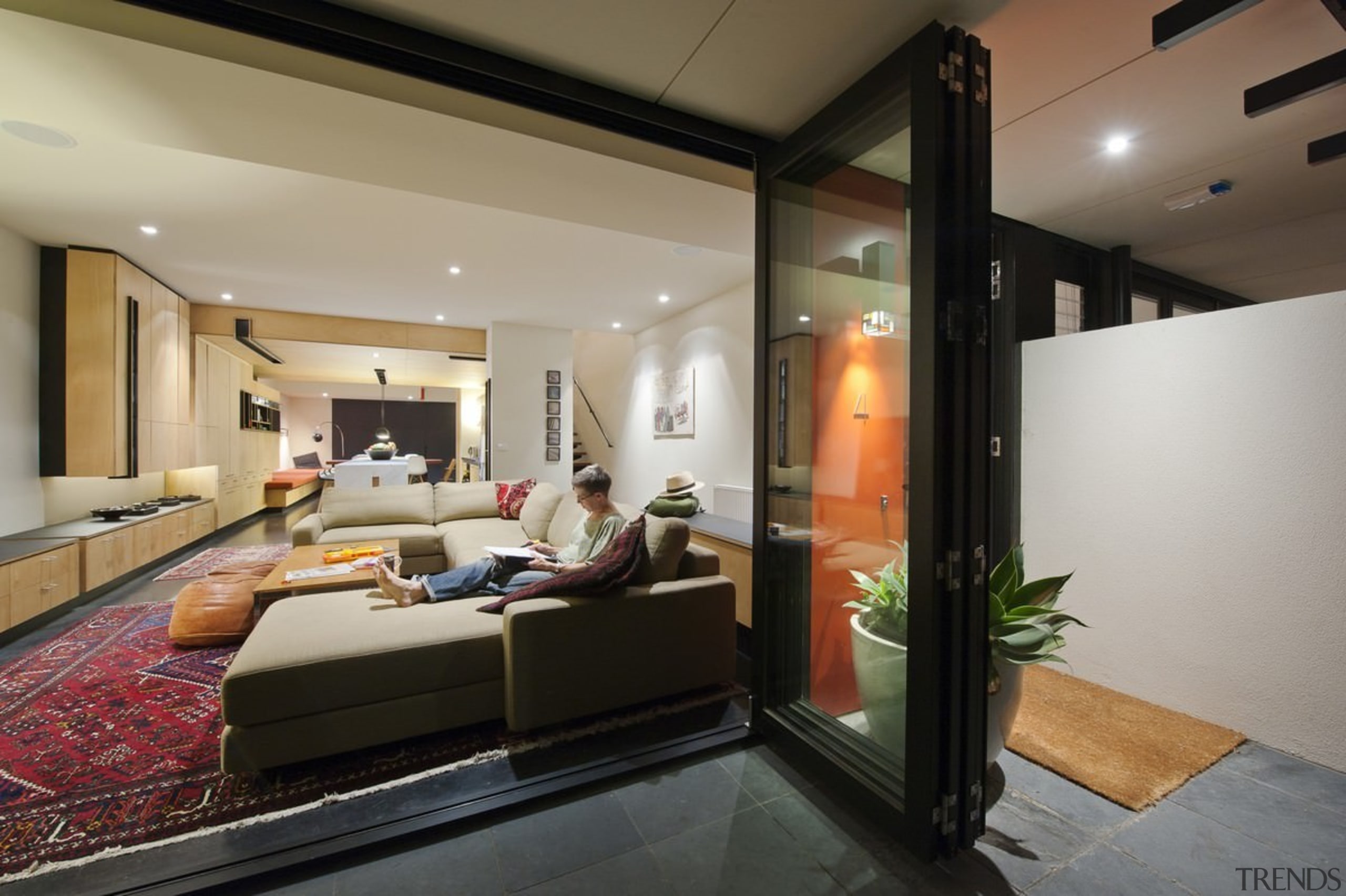 The sliding glass doors mean easy access to ceiling, interior design, real estate, gray, black