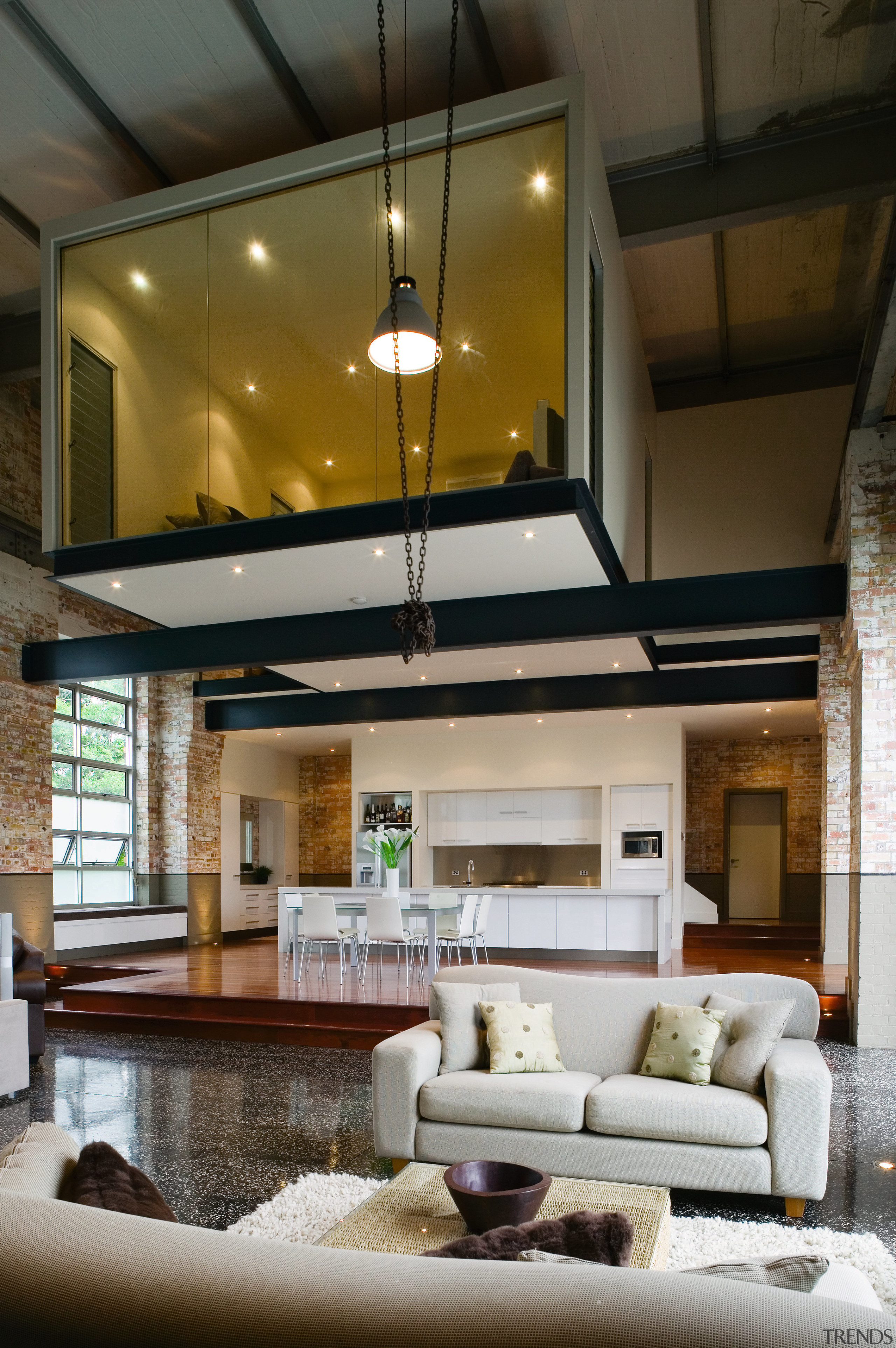 A view of the kitchen dining and living ceiling, home, interior design, lighting, living room, loft, brown, gray