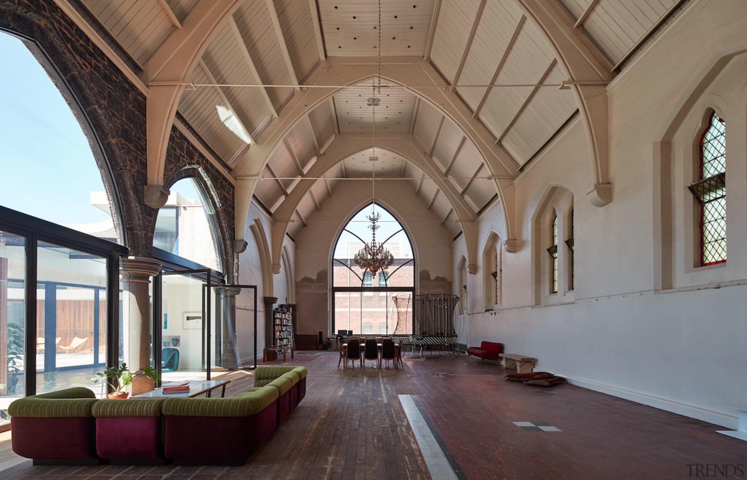 The main church space - The main church arcade, arch, building, ceiling, estate, interior design, place of worship, brown, gray