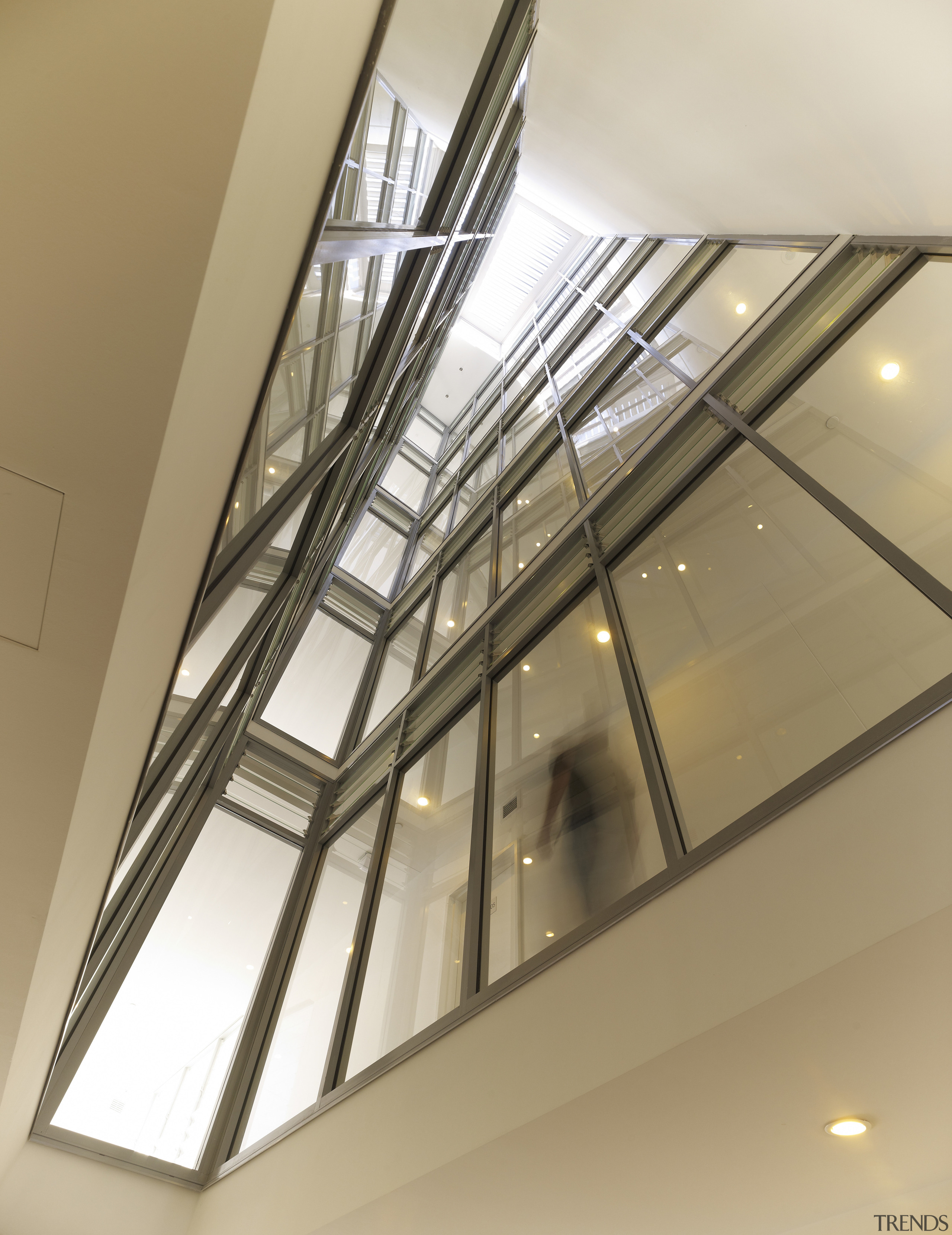 View of the Boston University student accommodation in apartment, architecture, ceiling, daylighting, glass, handrail, house, interior design, stairs, window, brown, white