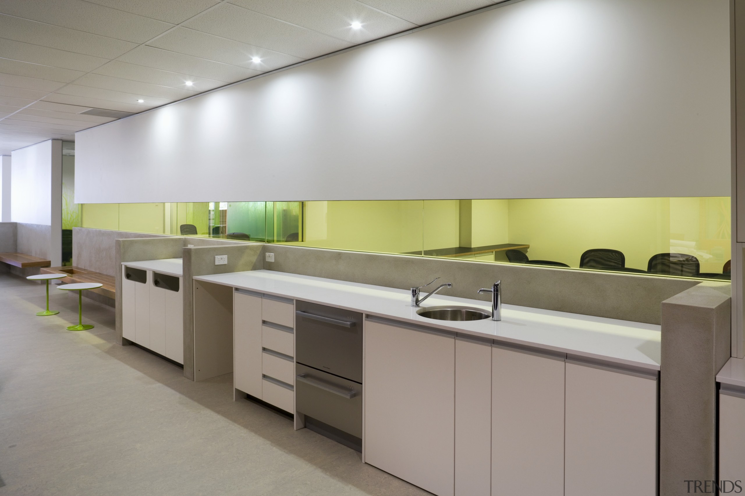 An interior view of the office building  cabinetry, countertop, interior design, kitchen, product design, gray