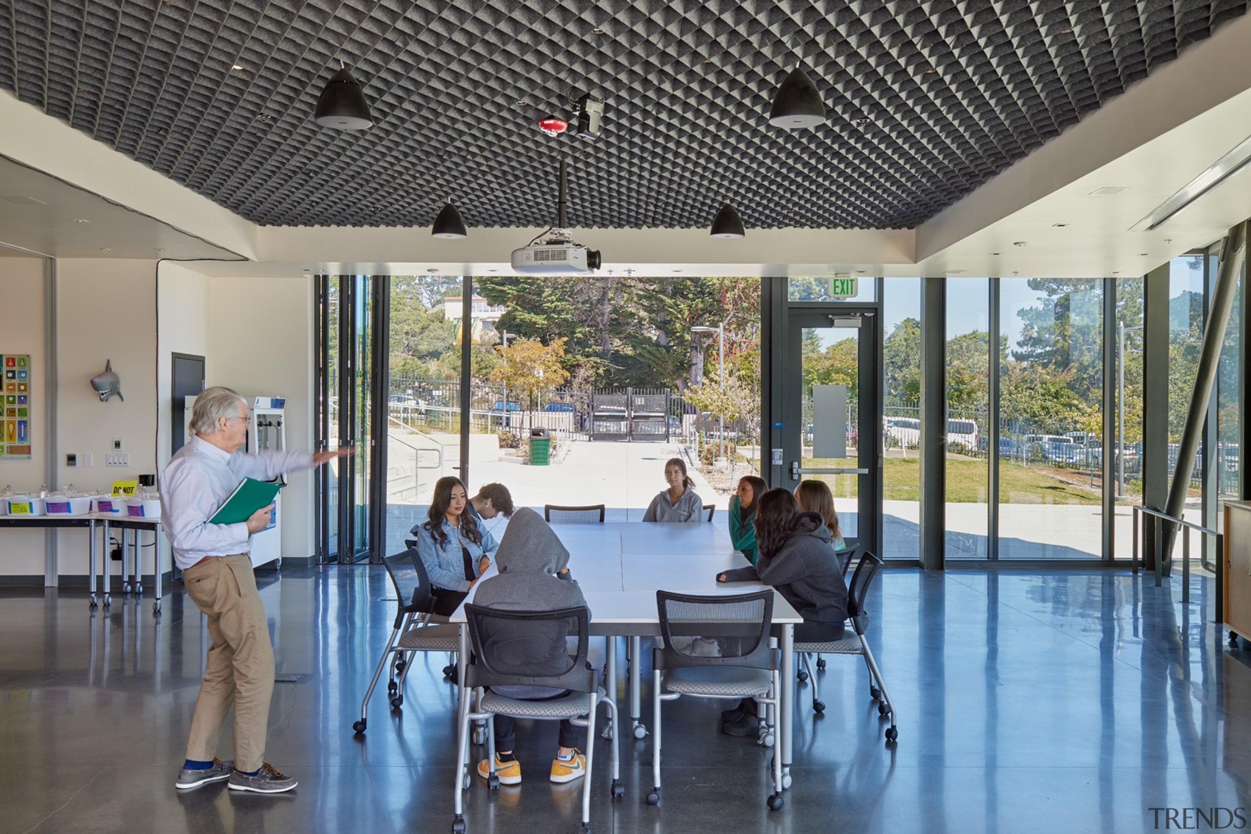 A spacious classroom on the lower floor doubles 