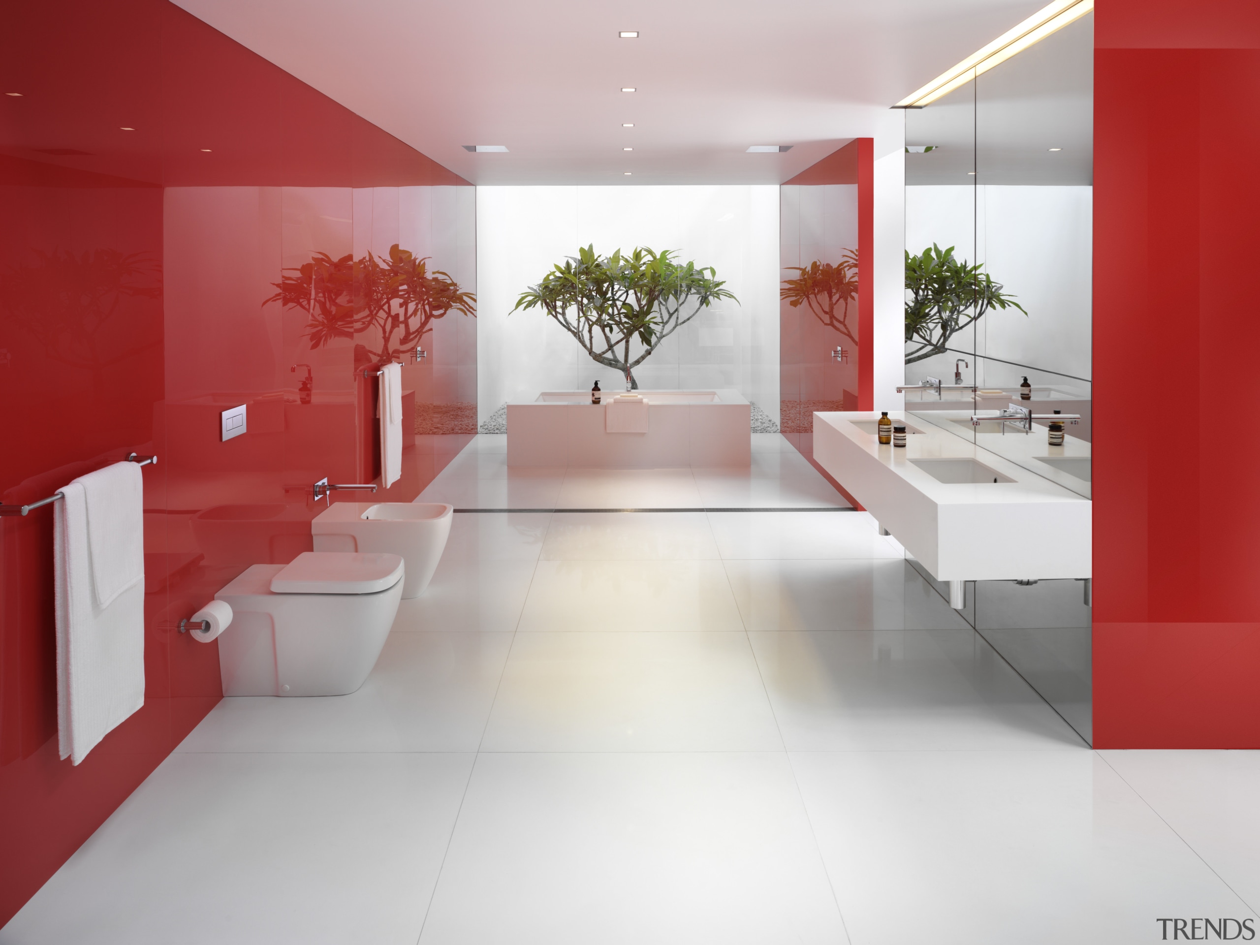 View of a bathroom designed by Ian Moore architecture, bathroom, ceiling, floor, flooring, interior design, lobby, product design, tile, wall, white, red