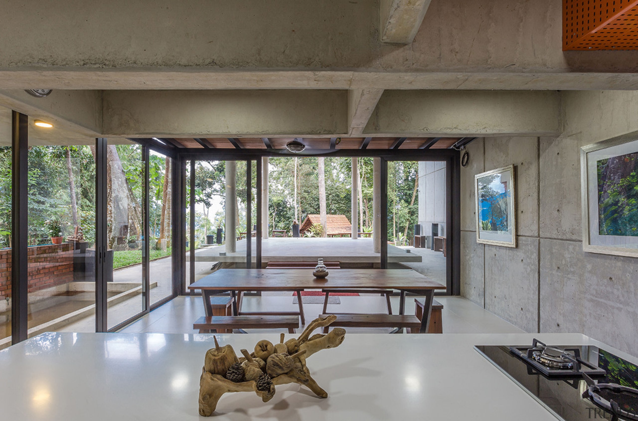 The kitchen and dining room in this home architecture, estate, house, interior design, real estate, window, gray