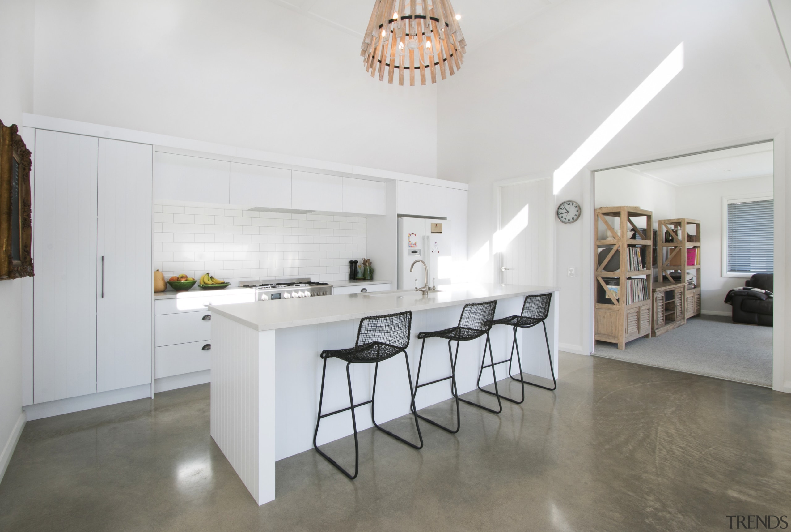 This contemporary, well-connected house won the Silver Award countertop, cuisine classique, floor, flooring, interior design, kitchen, property, real estate, room, white, gray