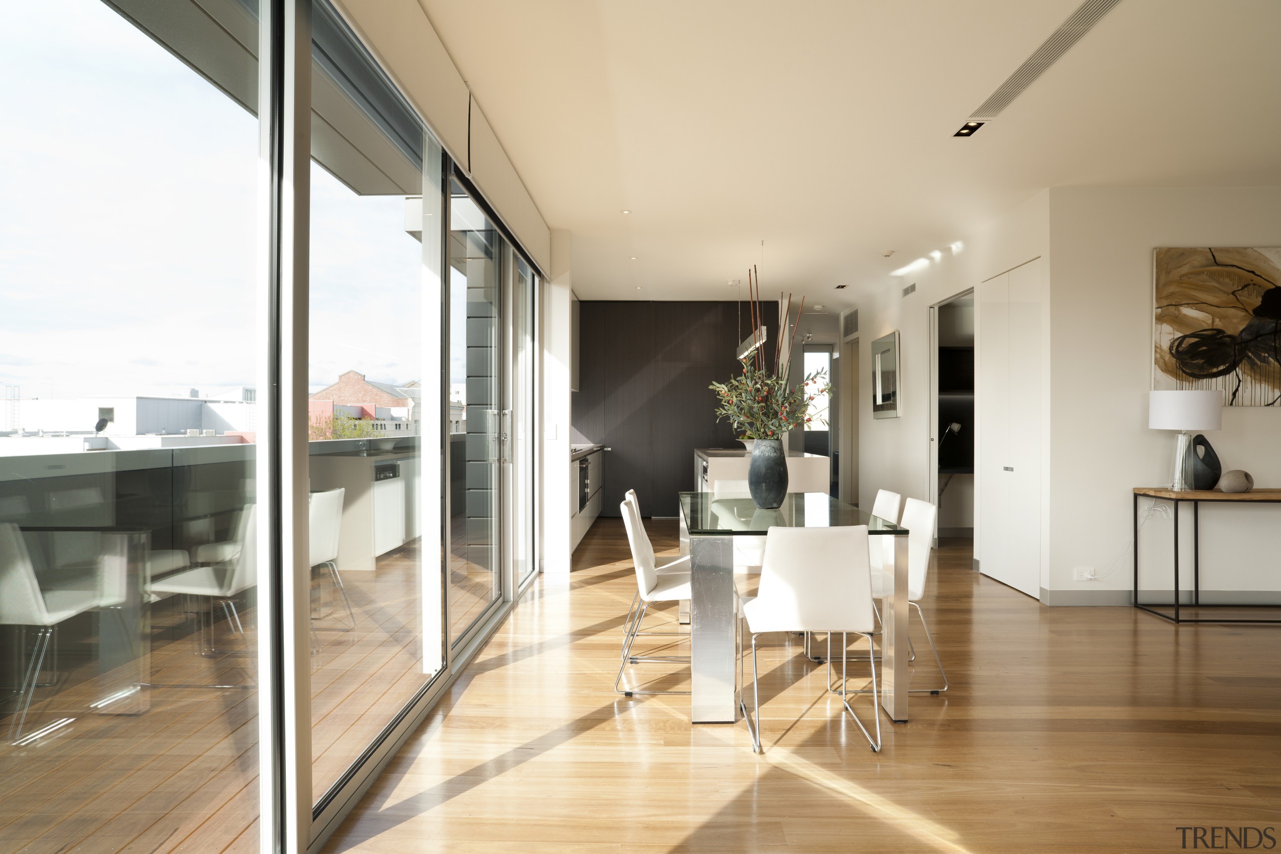 Penthouse living space and dining area with white apartment, floor, flooring, house, interior design, penthouse apartment, property, real estate, white