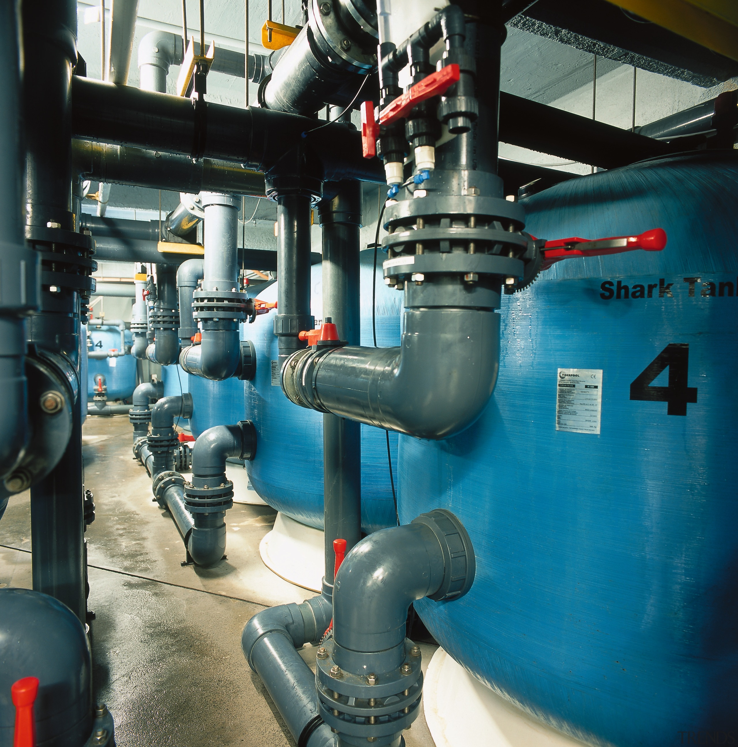 View of life support plant for Kelly Tarlton's engineering, factory, industry, machine, manufacturing, pipe, pumping station, black, teal