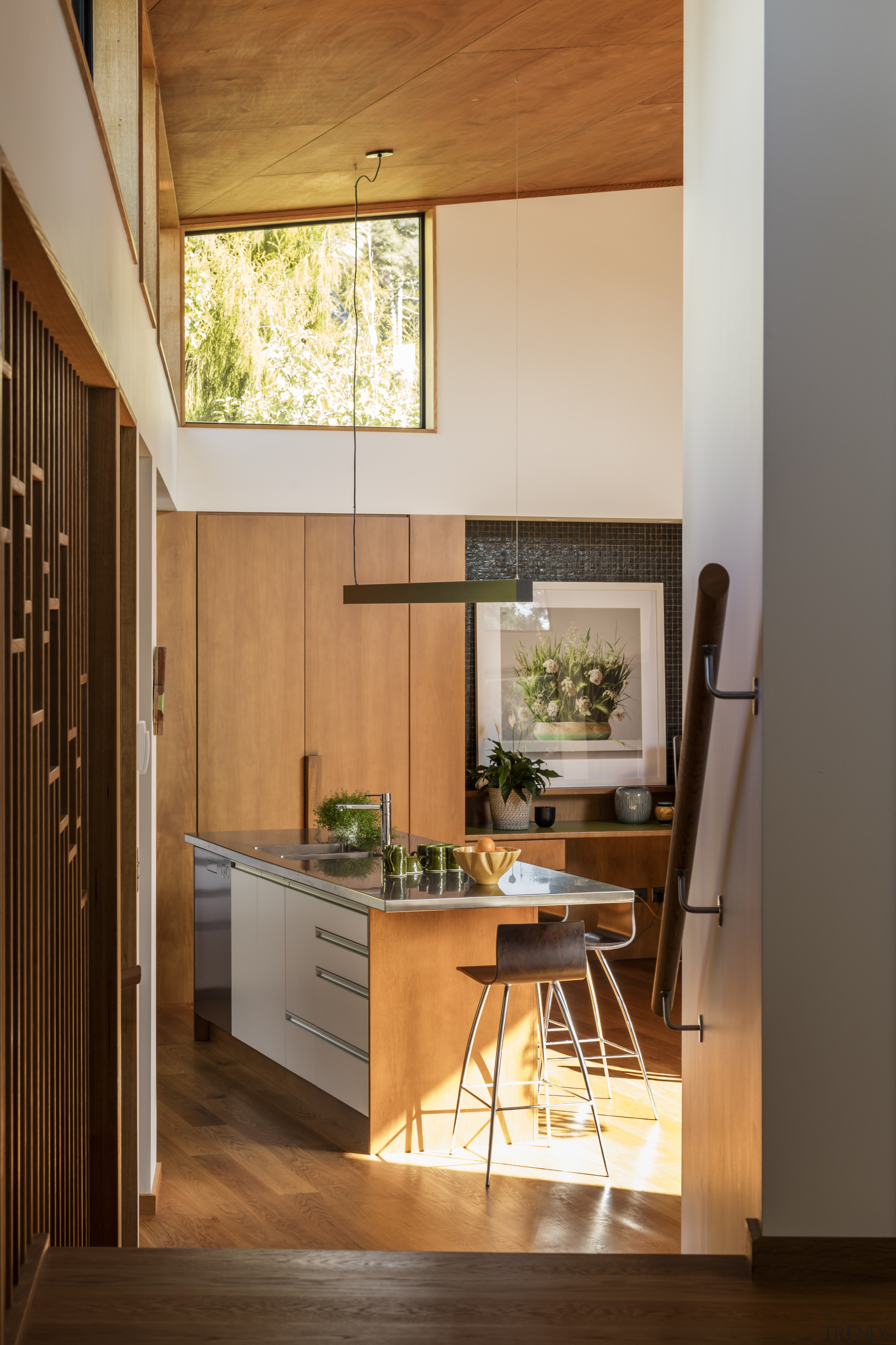In this kitchen by architect Megan Edwards, the architecture, ceiling, daylighting, furniture, hardwood, home, house, interior design, wood, brown, orange