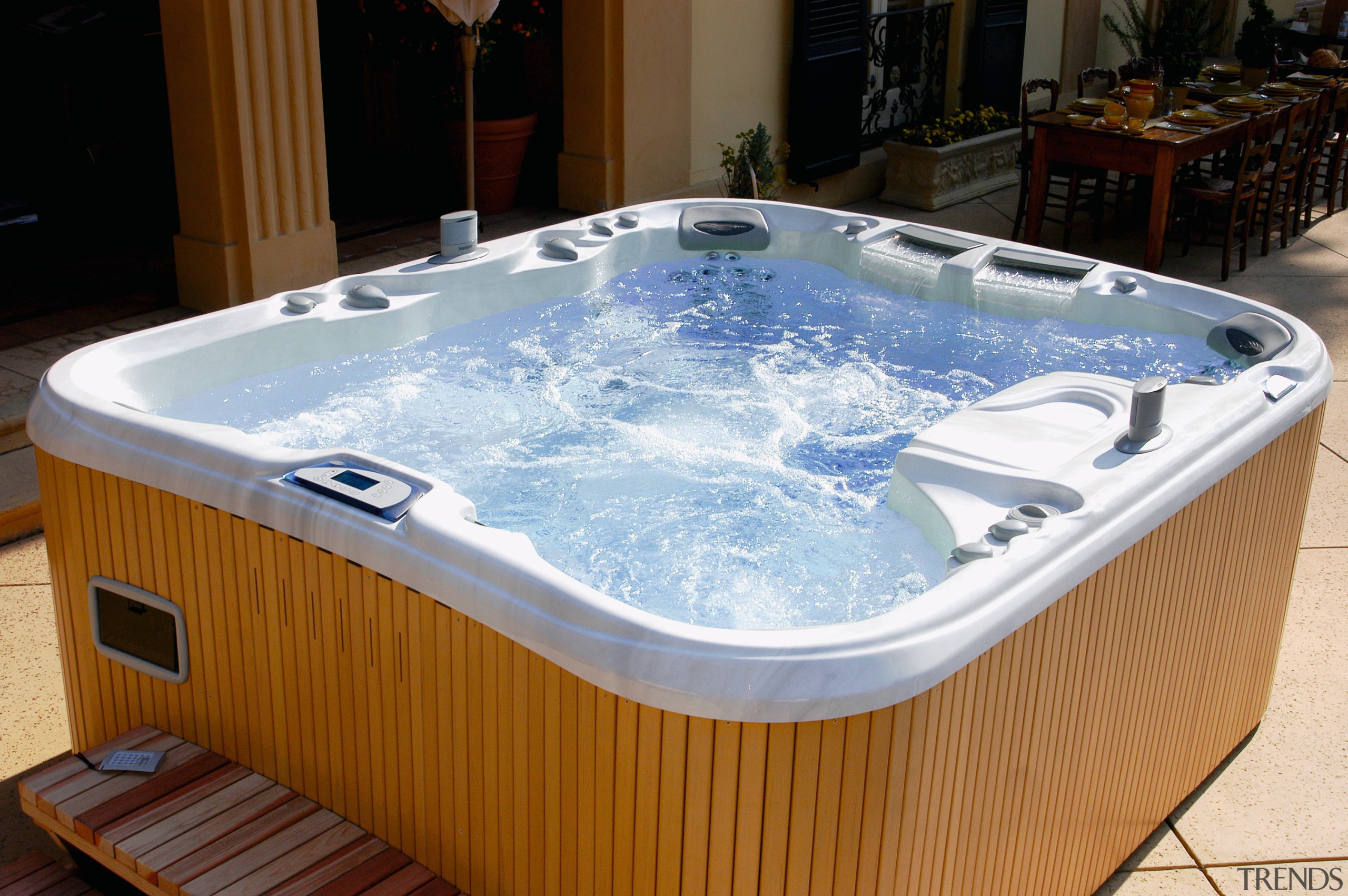 A view of a spa by Sundance Spas. bathtub, hot tub, jacuzzi, swimming pool, brown