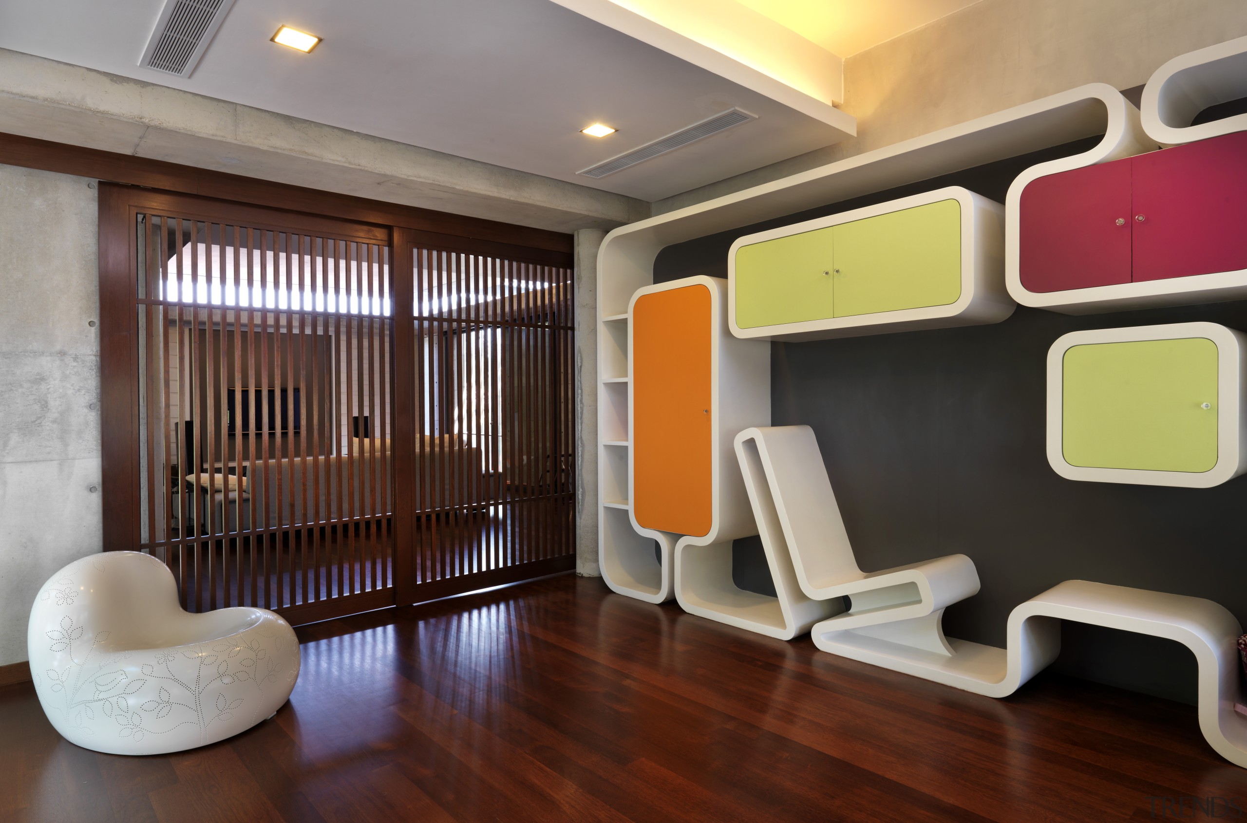 This home was designed with environmental principals in ceiling, floor, flooring, interior design, living room, lobby, room, wall, red, gray