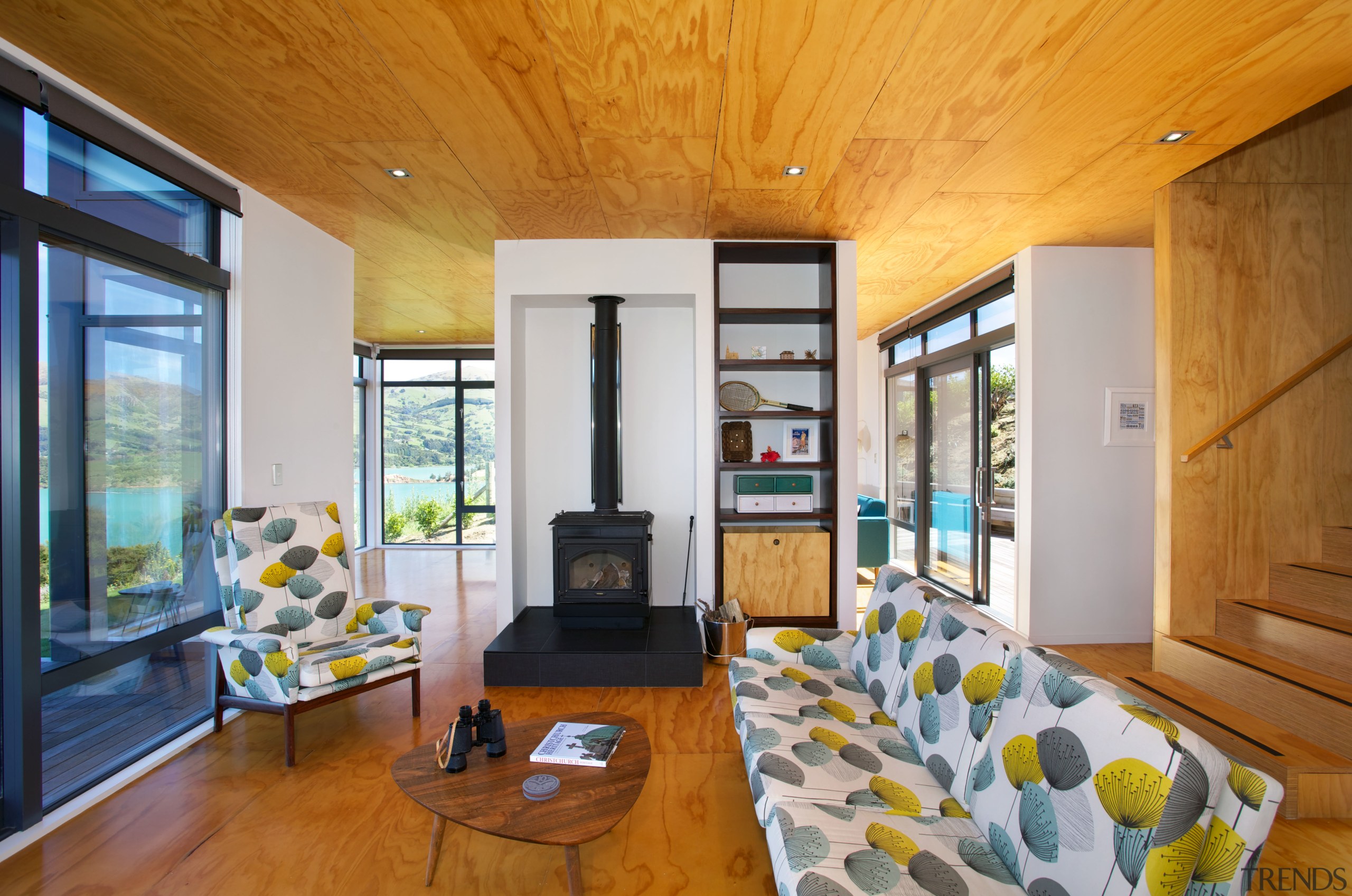 Floors and ceilings in this holiday home feature architecture, ceiling, home, house, interior design, living room, real estate, room, gray