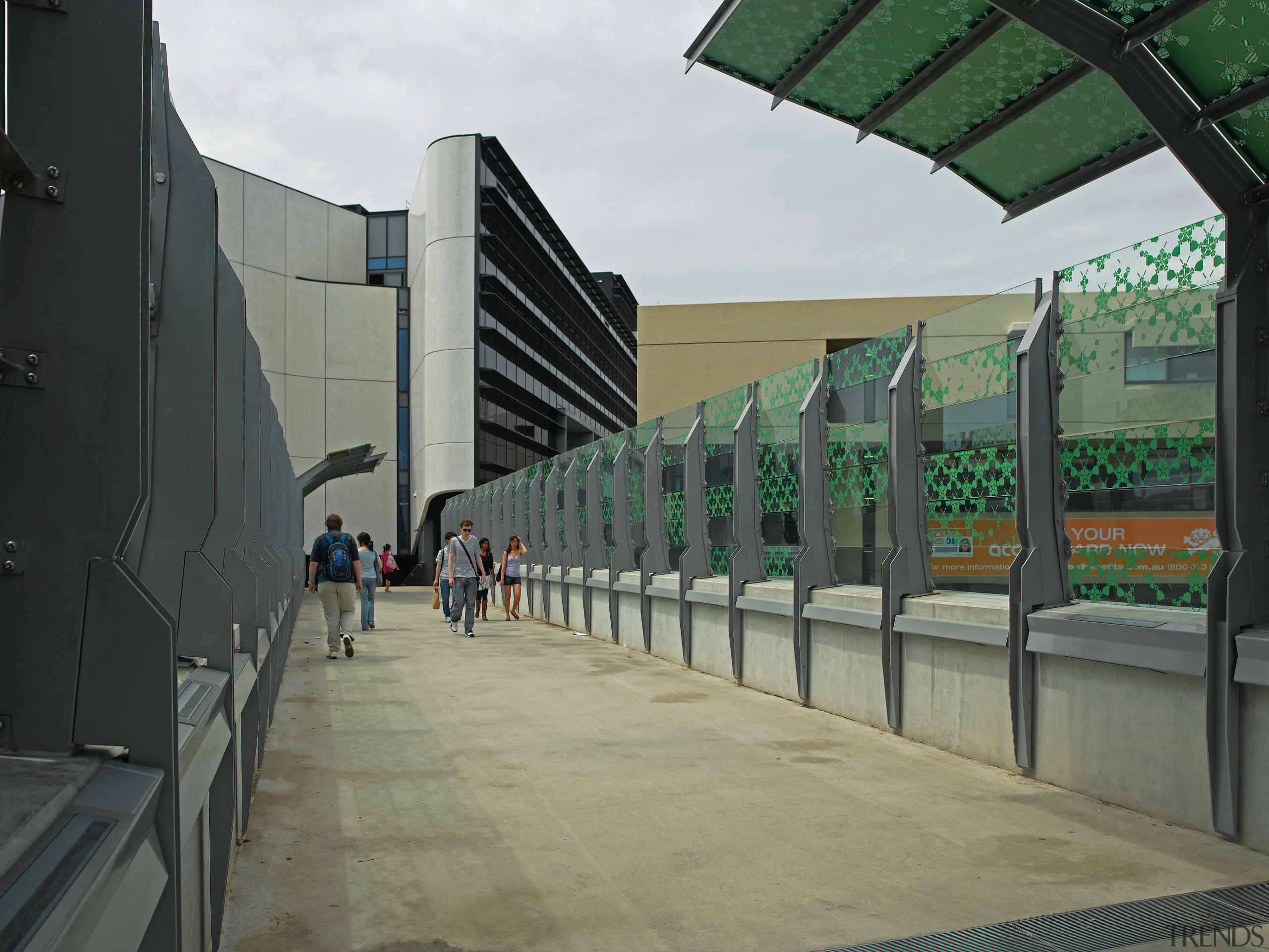 view of the Sydney University's City Road pedestrian architecture, infrastructure, metropolitan area, road, structure, transport, urban area, vehicle, walkway, black, brown