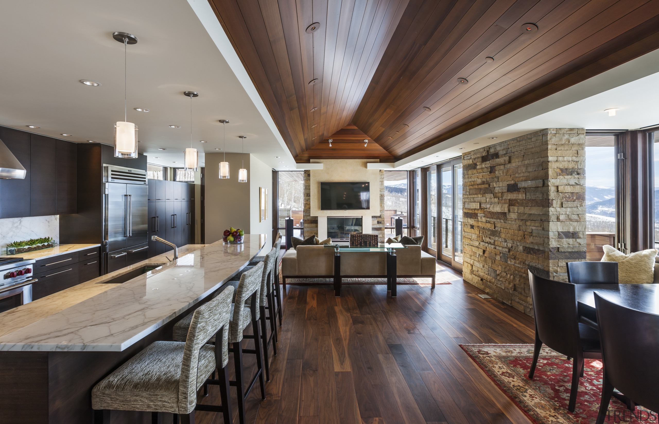 A vaulted wood ceiling on the living floor ceiling, countertop, dining room, flooring, hardwood, house, interior design, kitchen, living room, real estate, wood flooring, gray, black