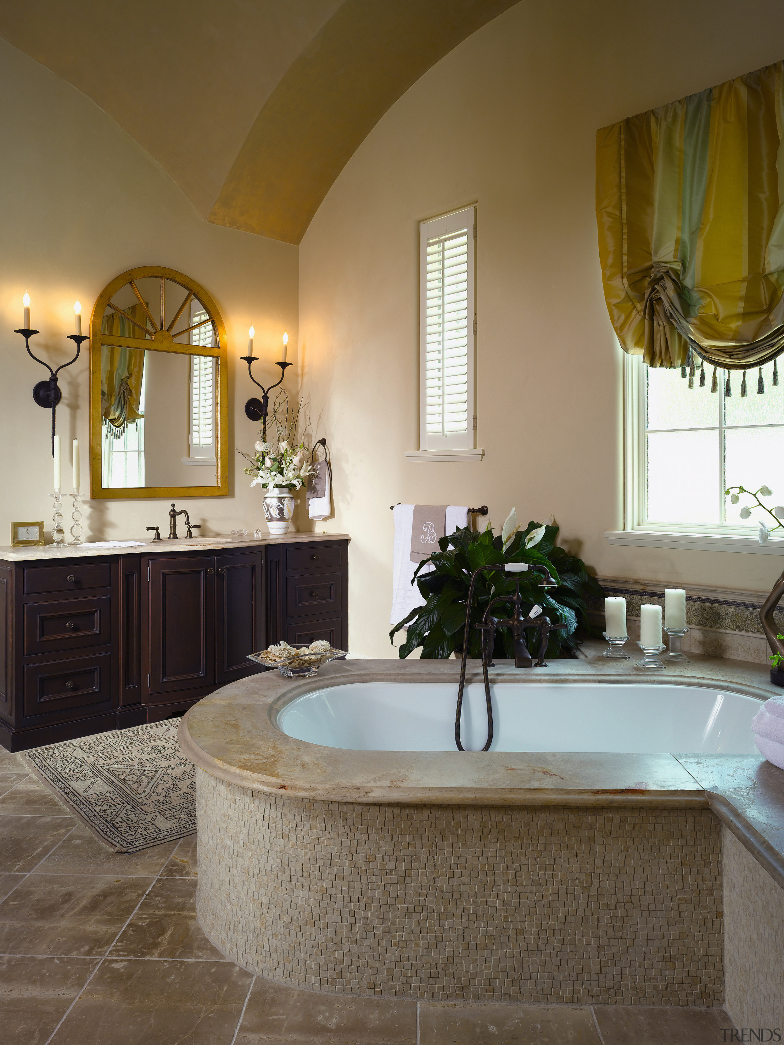 View of master bathroom featuring bath tub, basin, bathroom, ceiling, countertop, estate, floor, home, interior design, real estate, room, wall, window, brown, gray