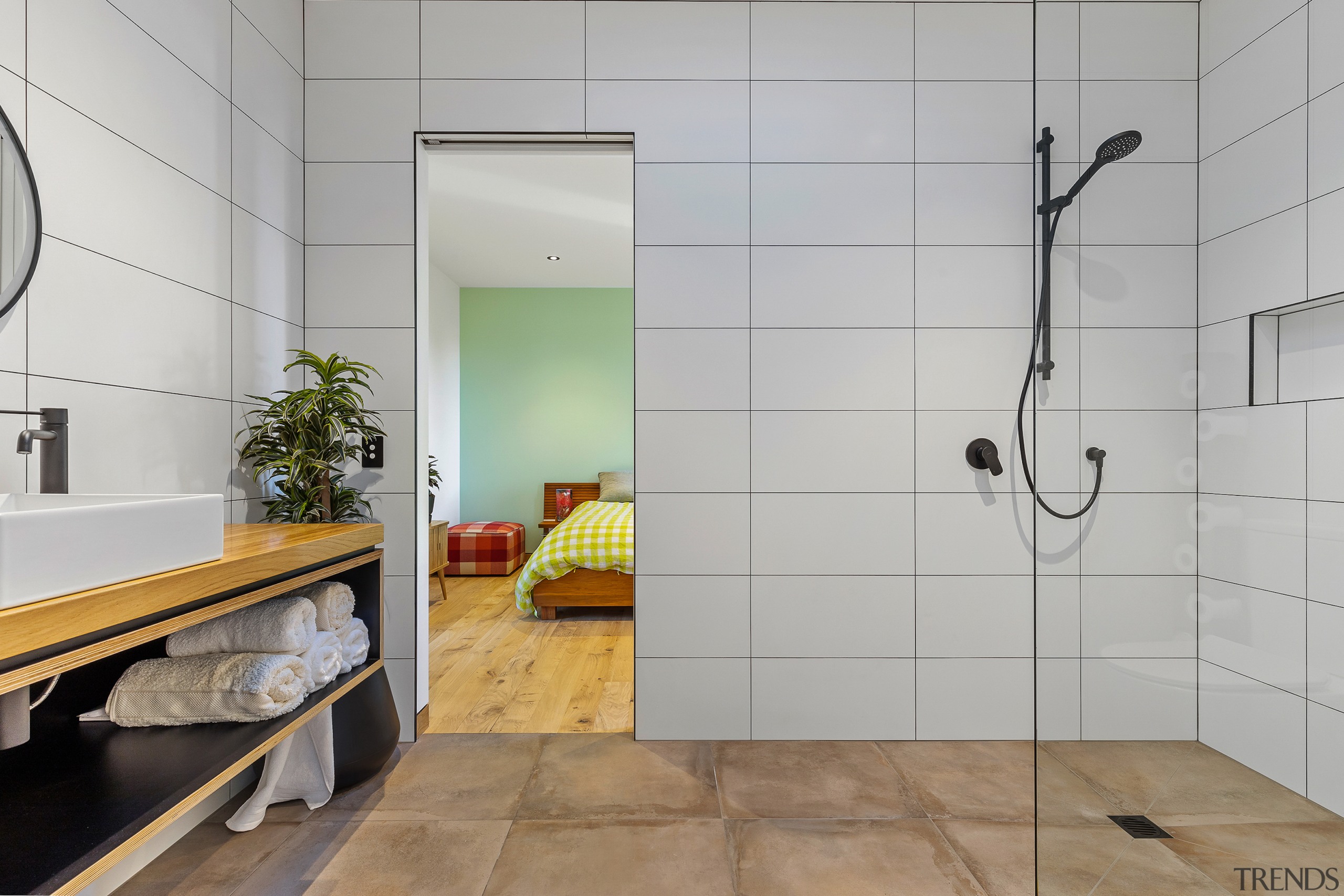 Contrasting tile choices set off this ensuite. 