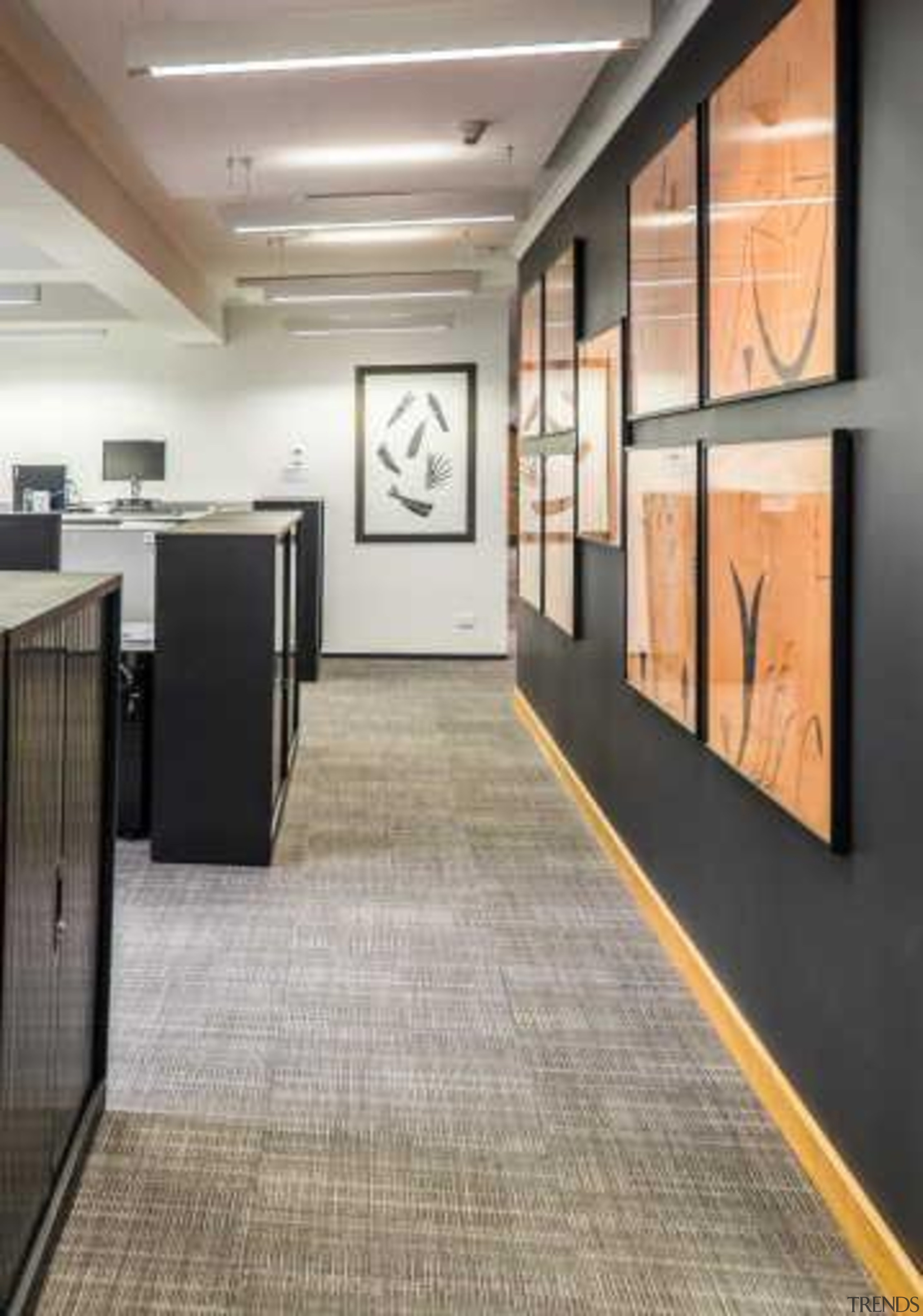 New acoustic walls were also built "Wavebar heavy ceiling, floor, flooring, interior design, lobby, tile, wood flooring, gray