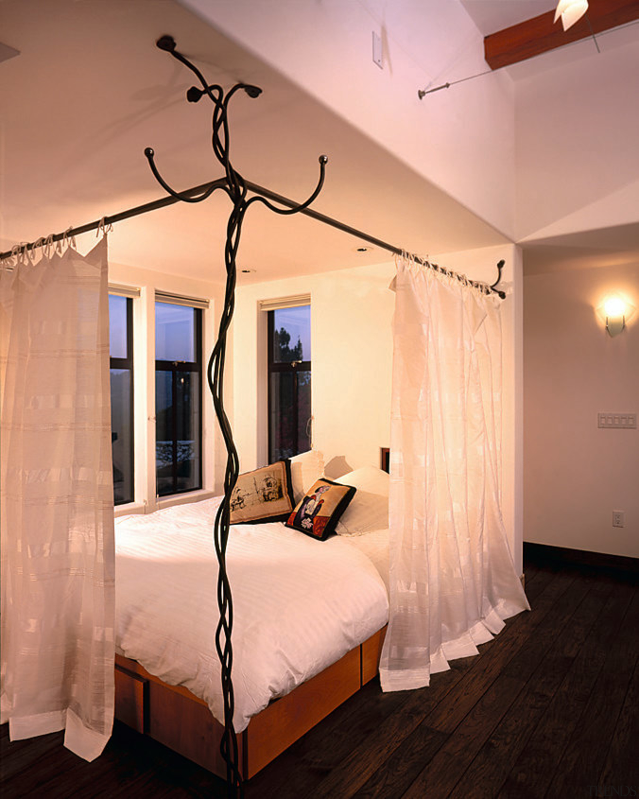 The detail of a bedroom - The detail bed, bed frame, bedroom, ceiling, floor, flooring, furniture, home, interior design, real estate, room, suite, orange