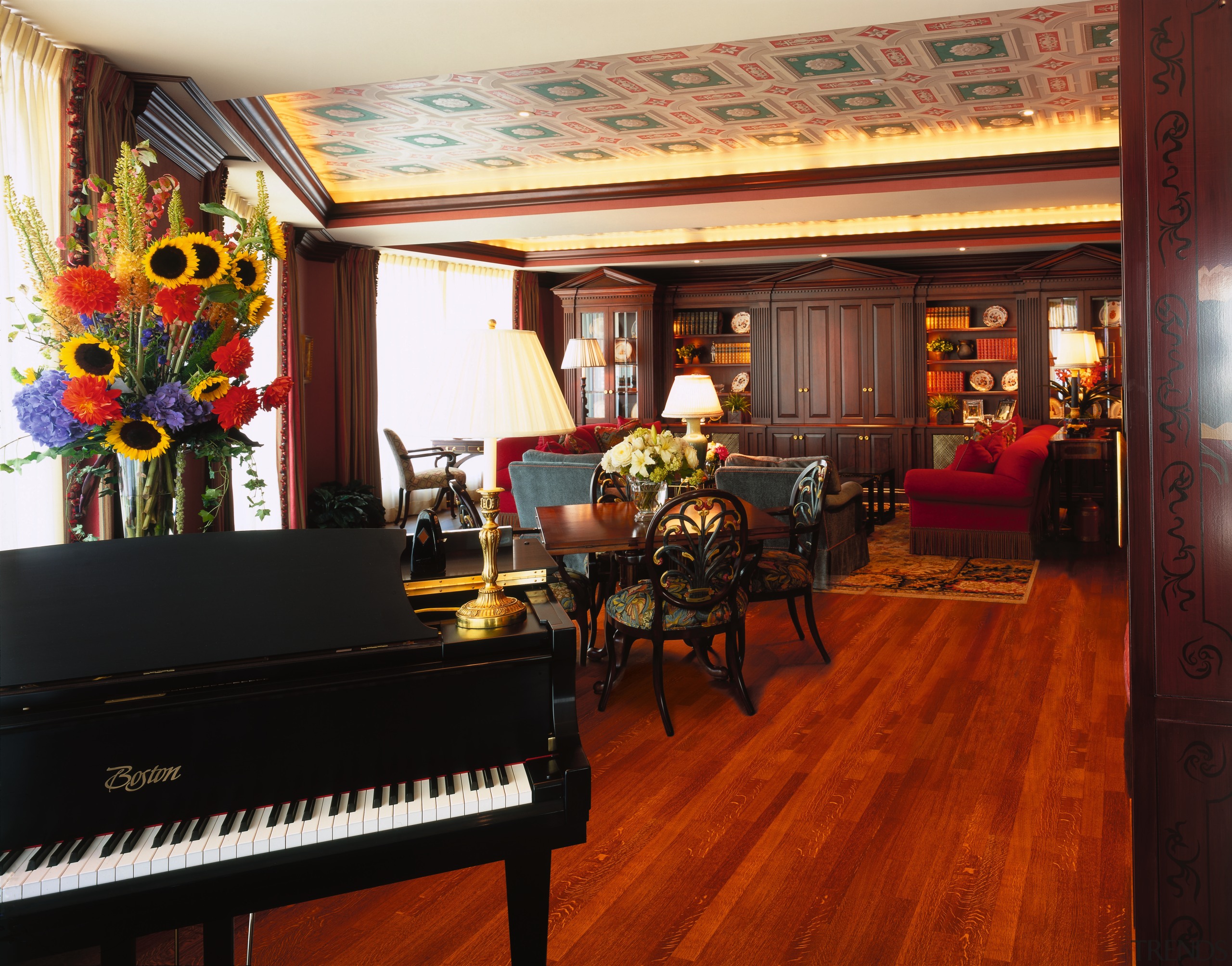 View of this living area - View of interior design, piano, player piano, restaurant, red