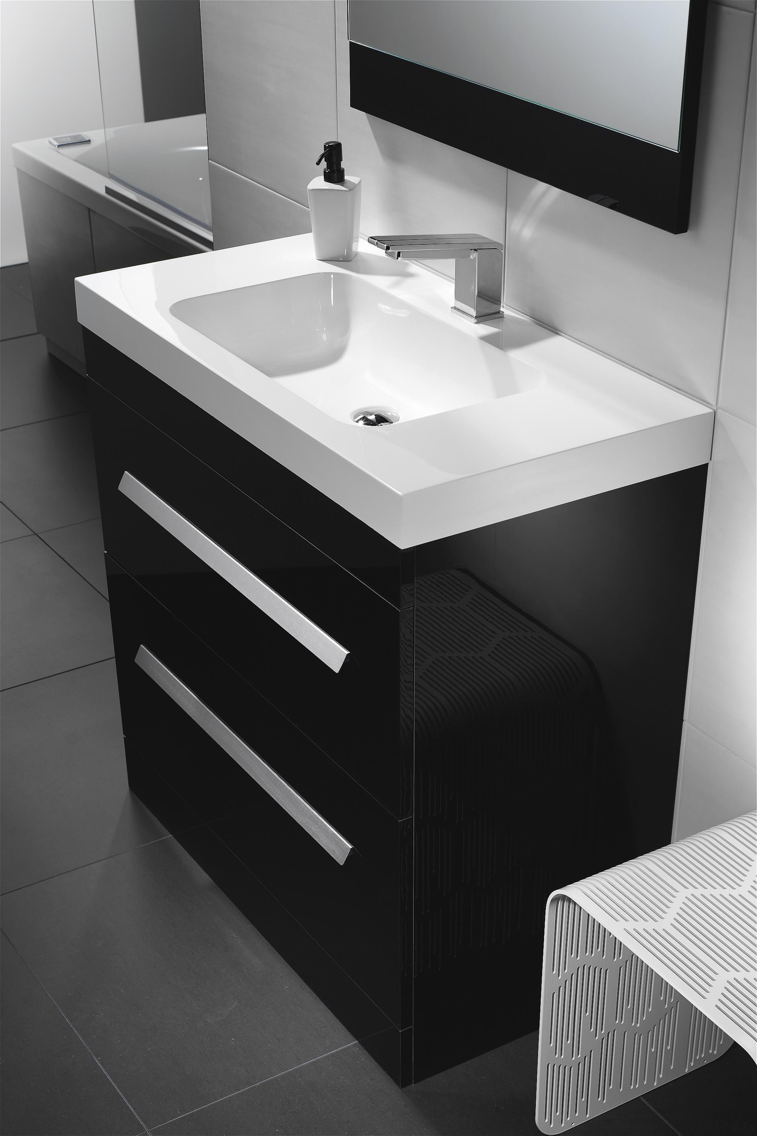 Soft basin corners and thick external lines give angle, bathroom, bathroom accessory, bathroom cabinet, bathroom sink, black, black and white, countertop, drawer, furniture, plumbing fixture, product, product design, sink, tap, black