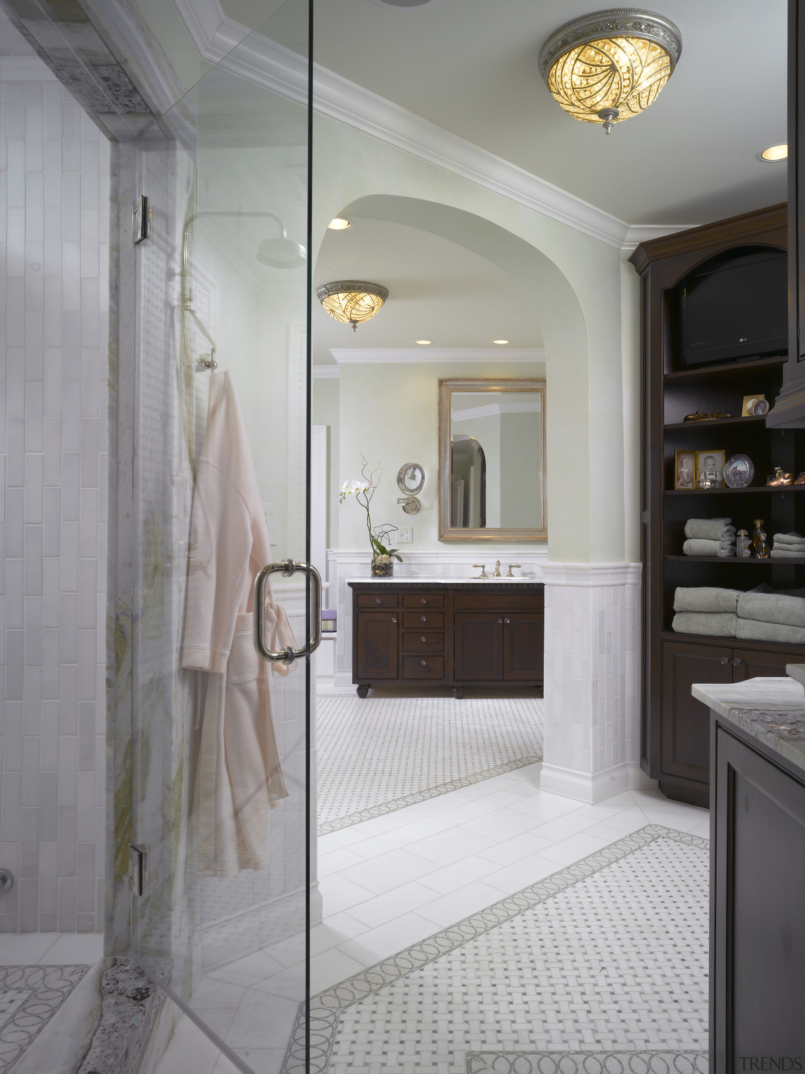 A view of the master ensuite, tiled floors bathroom, ceiling, floor, home, interior design, room, gray