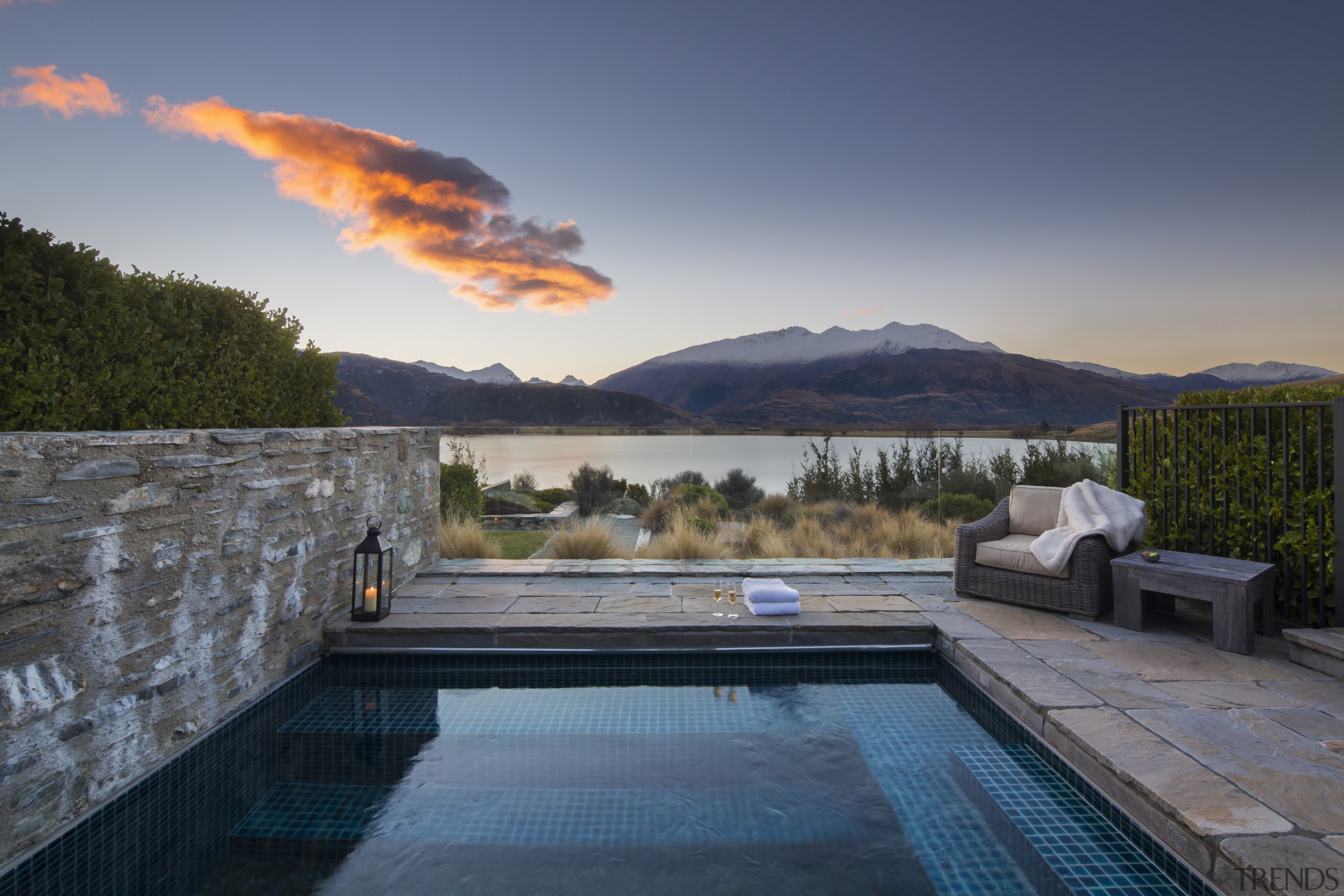 Piwakawaka Point villa, Wanaka, New Zealand - architecture architecture, backyard, building, design, estate, home, house, landscape, mountain, natural landscape, property, real estate, reflecting pool, resort, room, sky, swimming pool, vacation, villa, water, gray