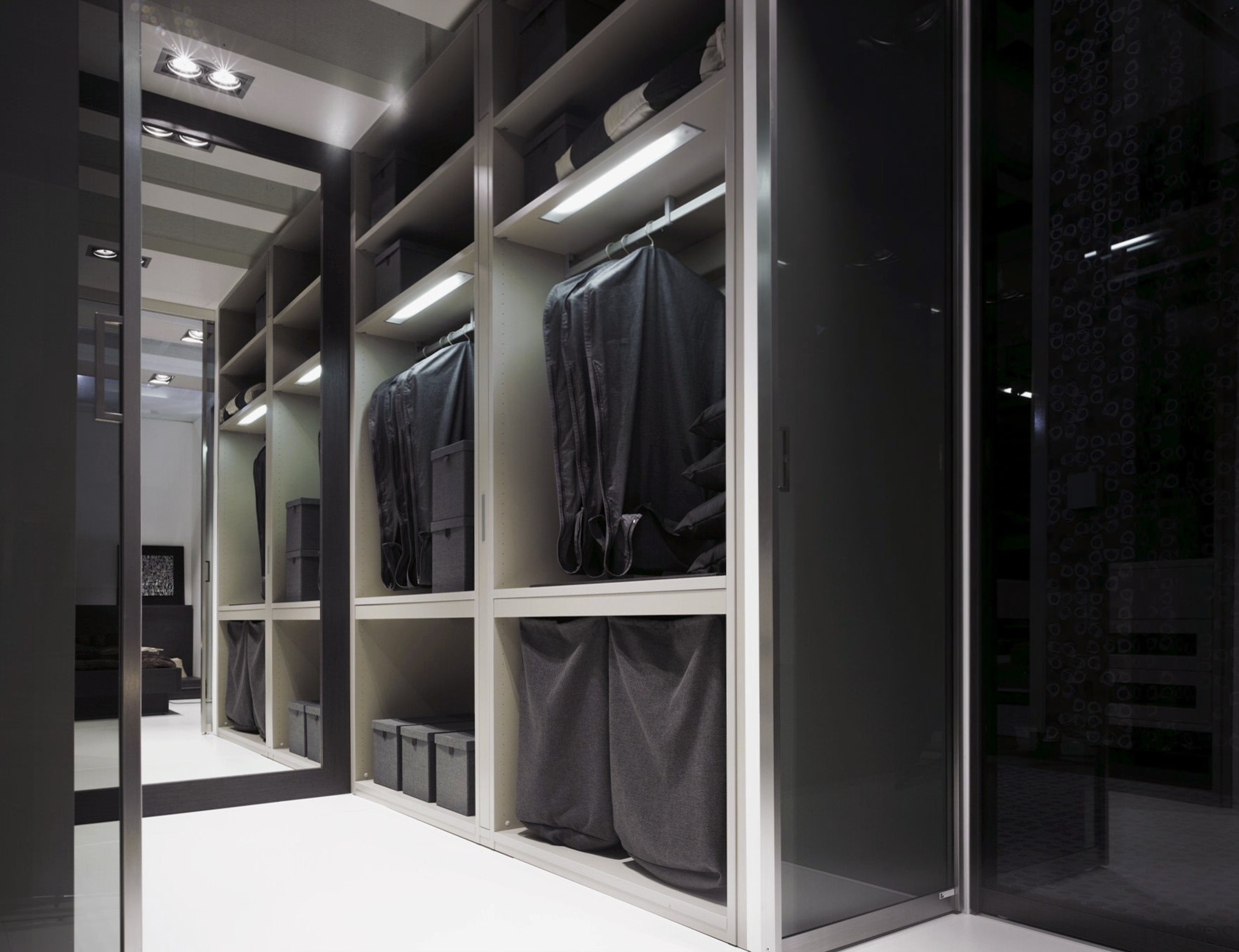 This closet from metrichome incorporates many containers and boutique, closet, furniture, interior design, wardrobe, black