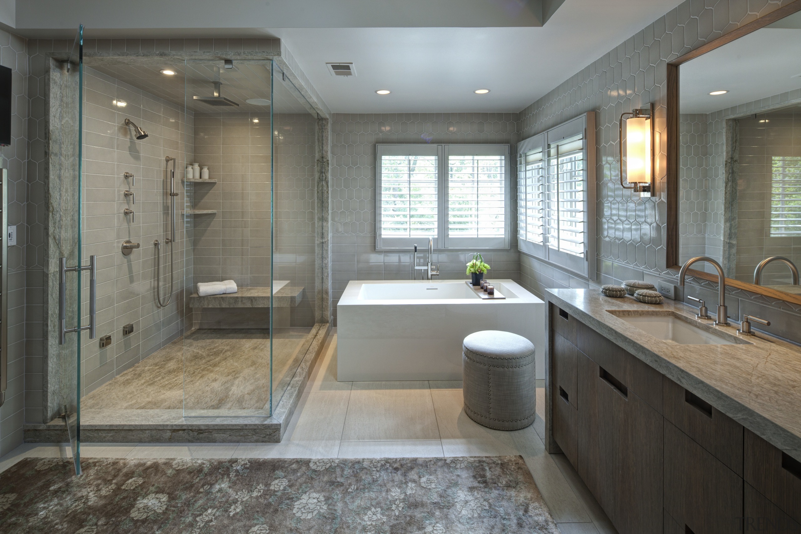 The tranquil ambiance of this master bedroom and bathroom, countertop, home, interior design, real estate, room, gray