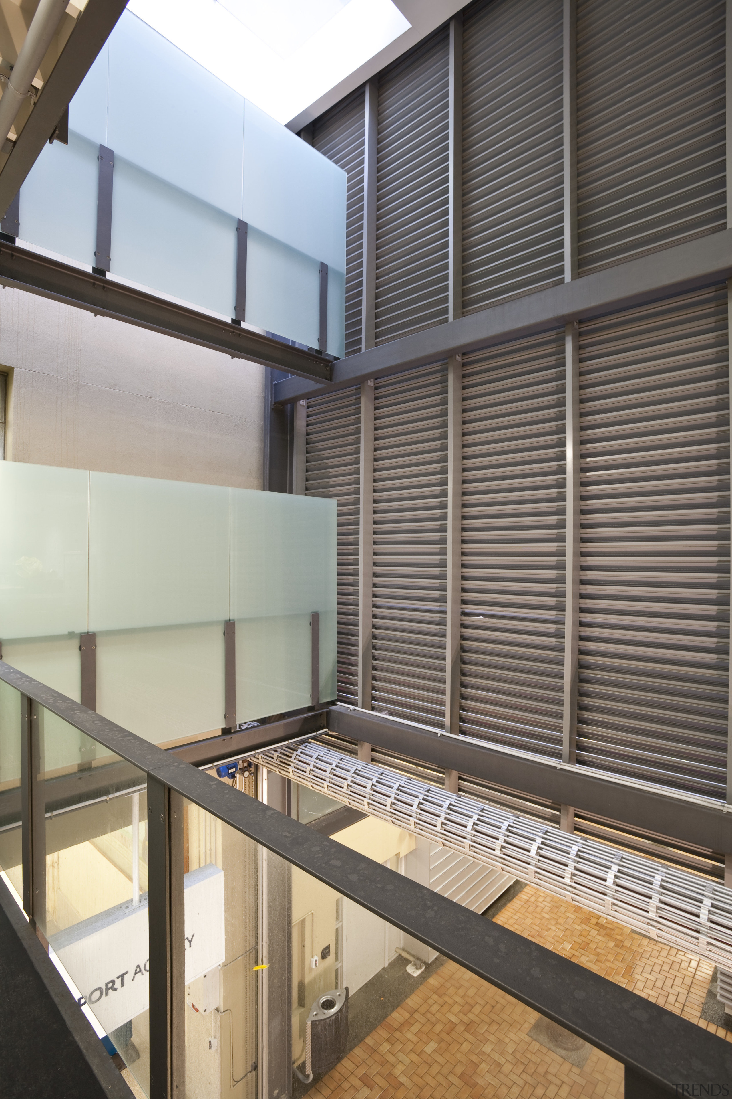 internal view of structural steel work by Burnsfield architecture, daylighting, facade, glass, house, interior design, real estate, gray