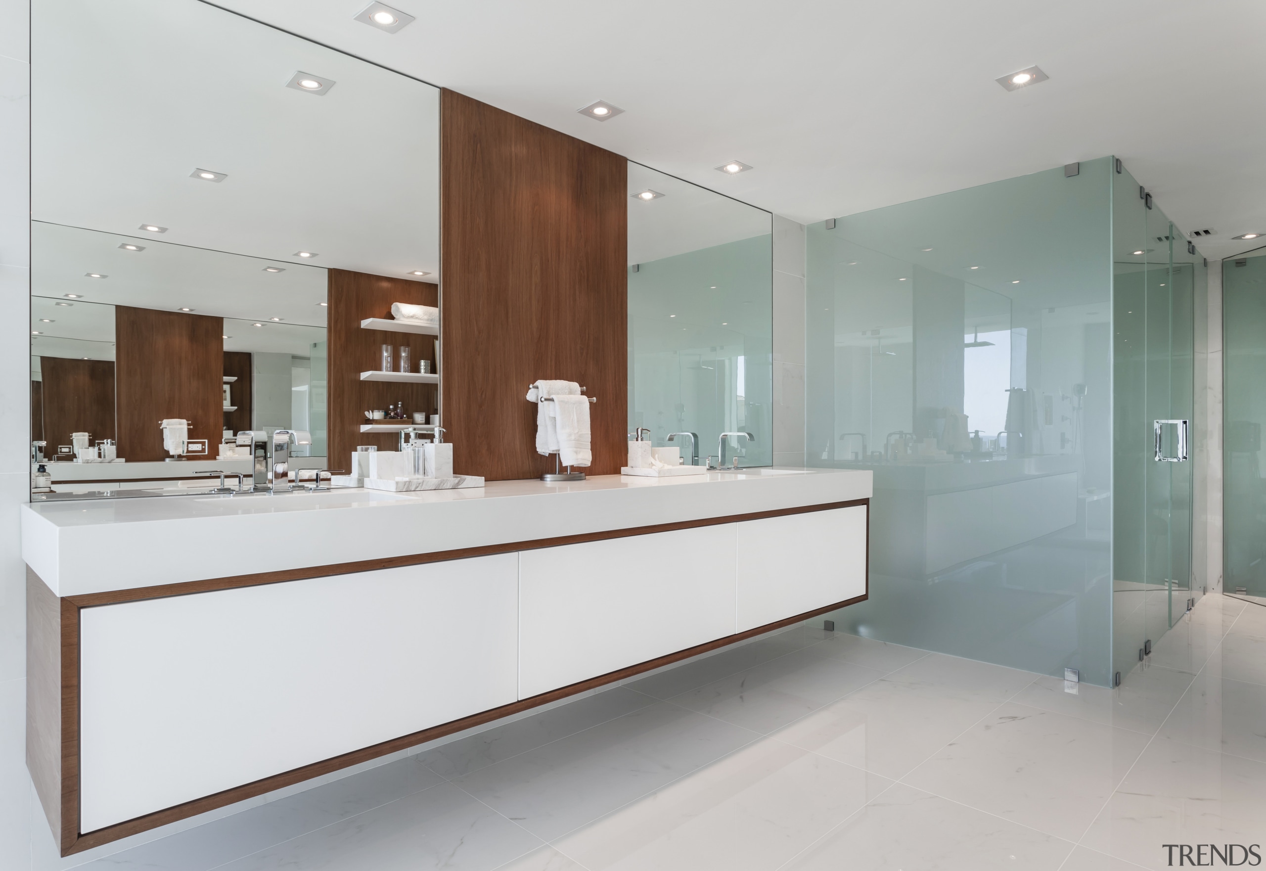 Translucent green glass, stone-look tiles, and white lacquer bathroom, interior design, kitchen, room, sink, gray