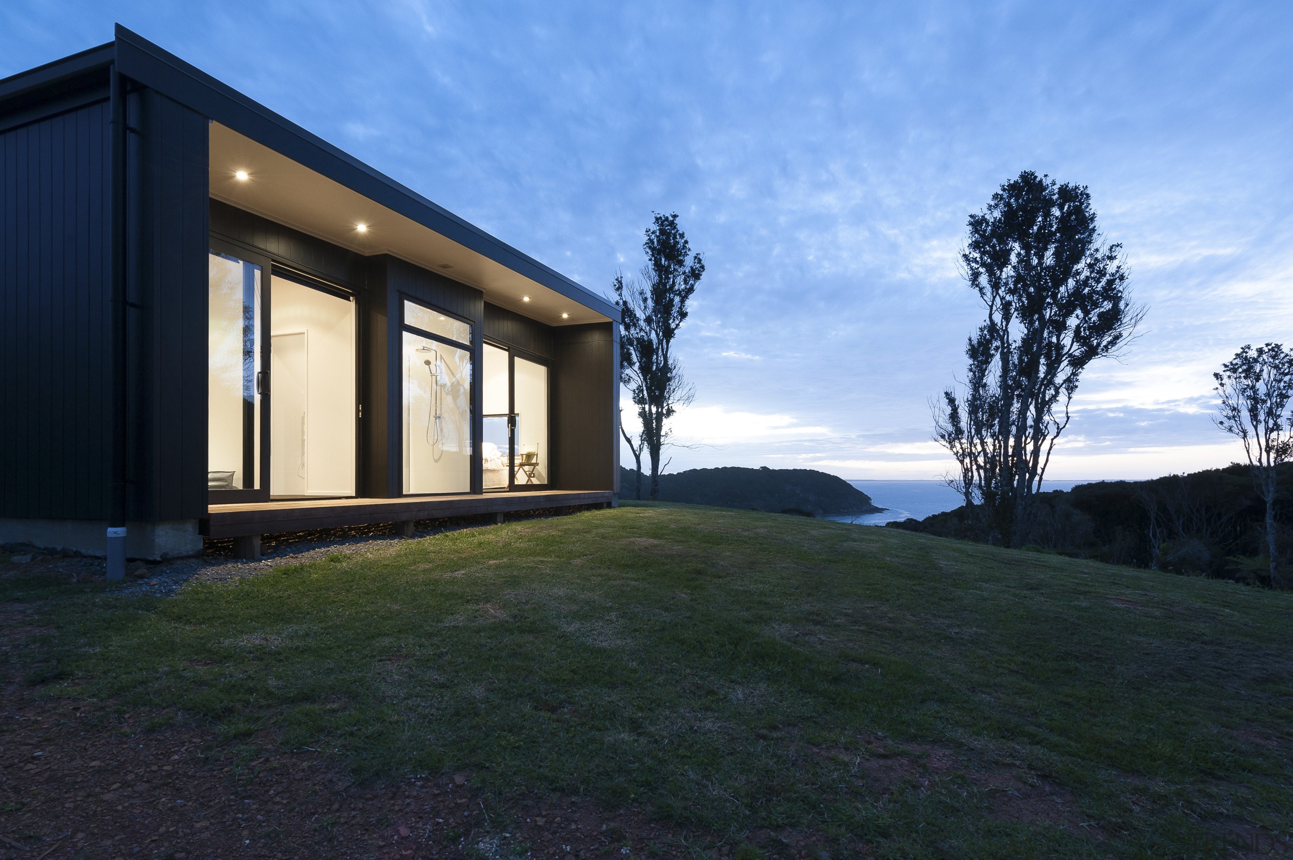 Holistic design by Yellowfox accentuates house and site architecture, cloud, cottage, estate, facade, farmhouse, grass, home, house, landscape, property, real estate, residential area, siding, sky, sunlight, villa, window, black, teal