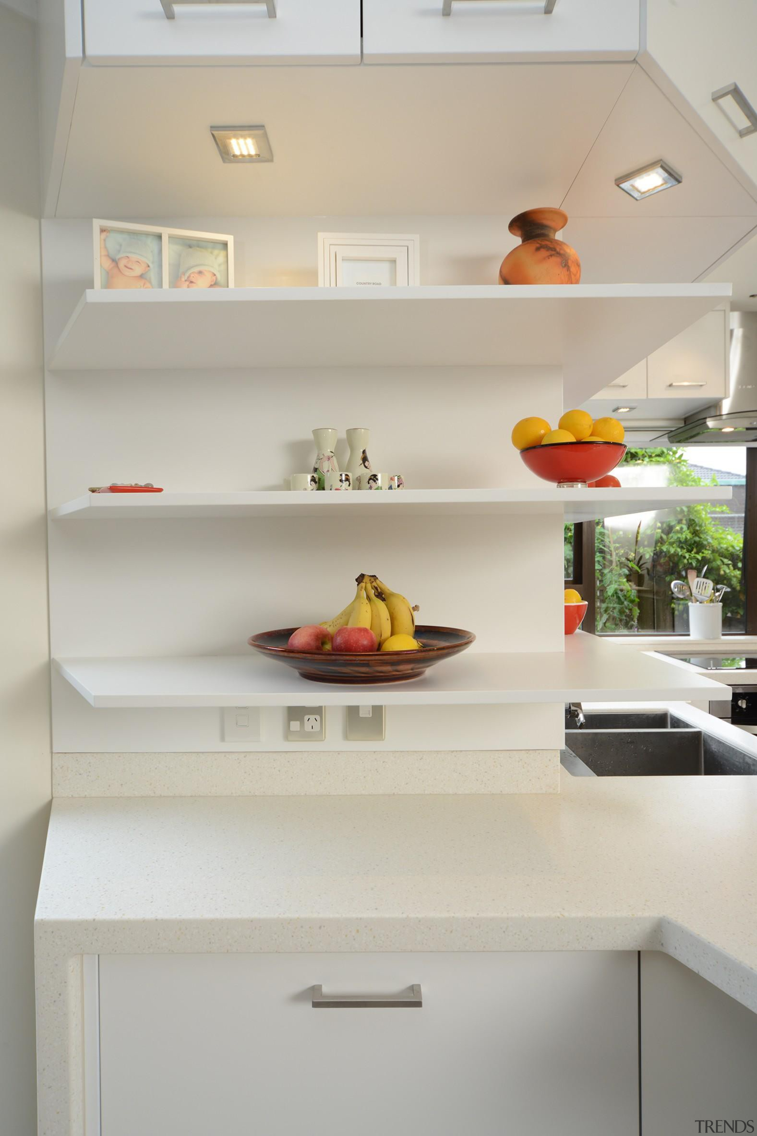 When it comes to shaping forms to follow cabinetry, countertop, interior design, kitchen, room, shelf, shelving, gray