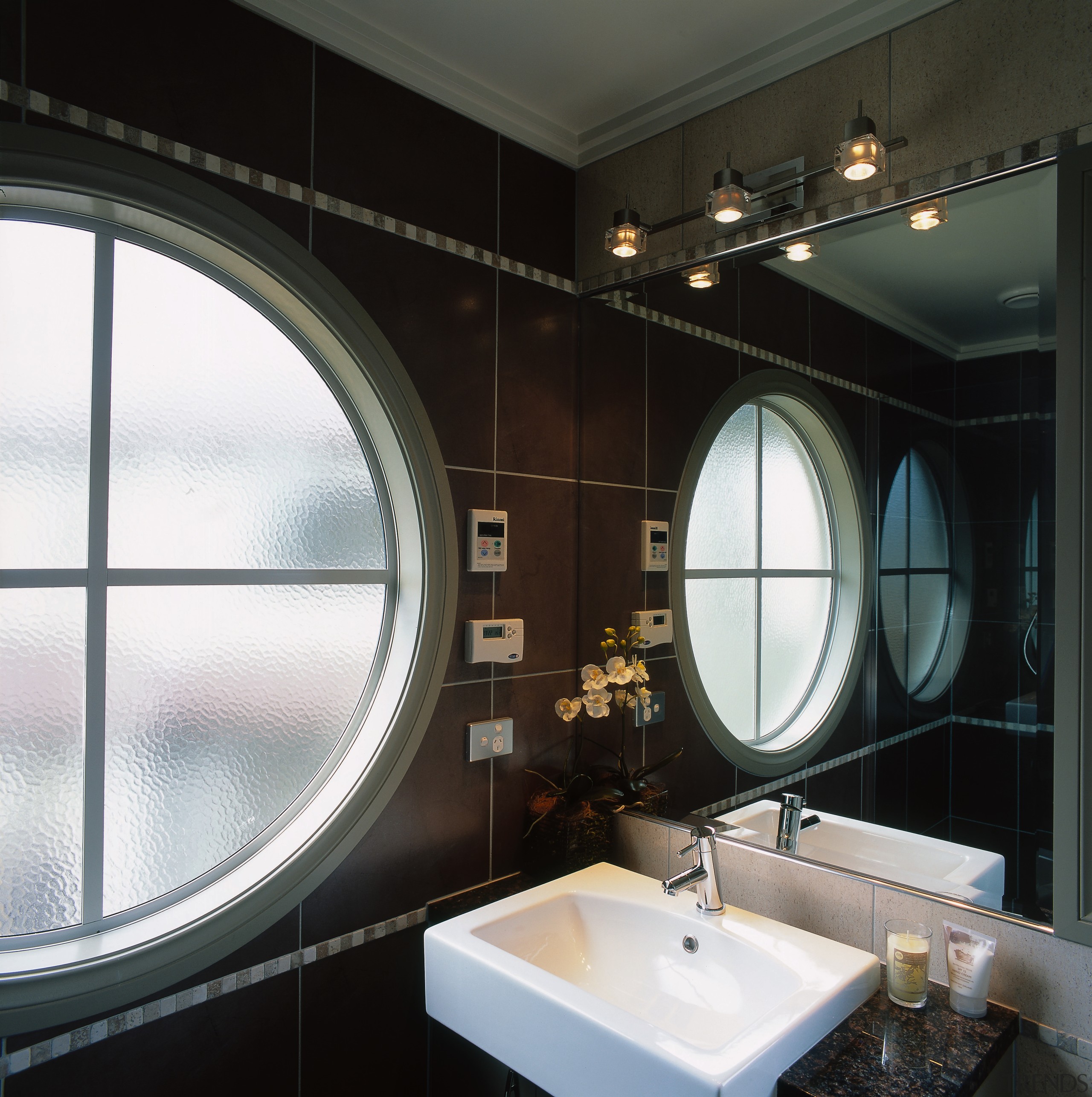 View of the bathroom &amp; lighting, large mirror, bathroom, ceiling, interior design, room, sink, window, black, white