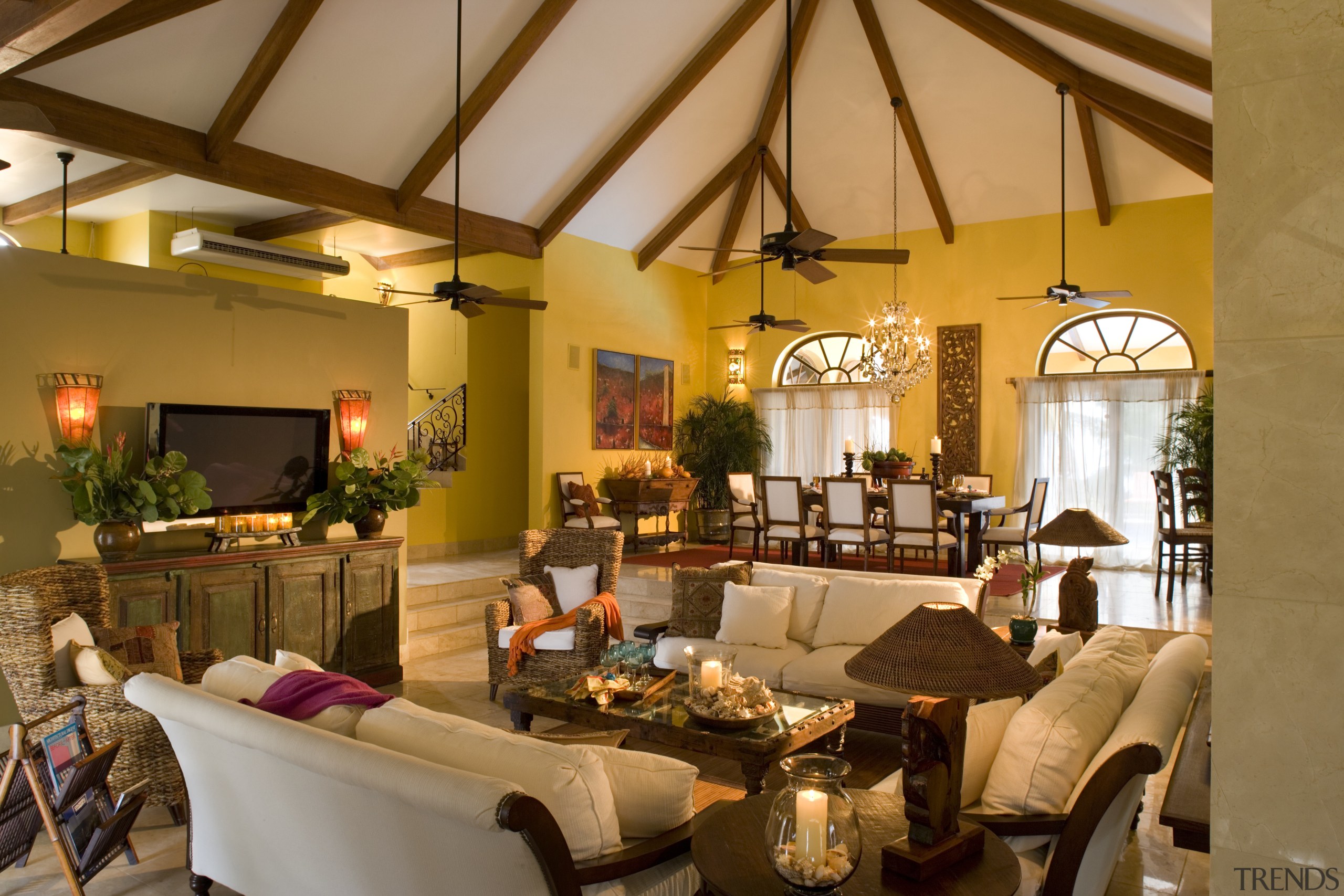 Interior view of dining &amp; lounge area - ceiling, estate, home, interior design, living room, real estate, room, brown, orange
