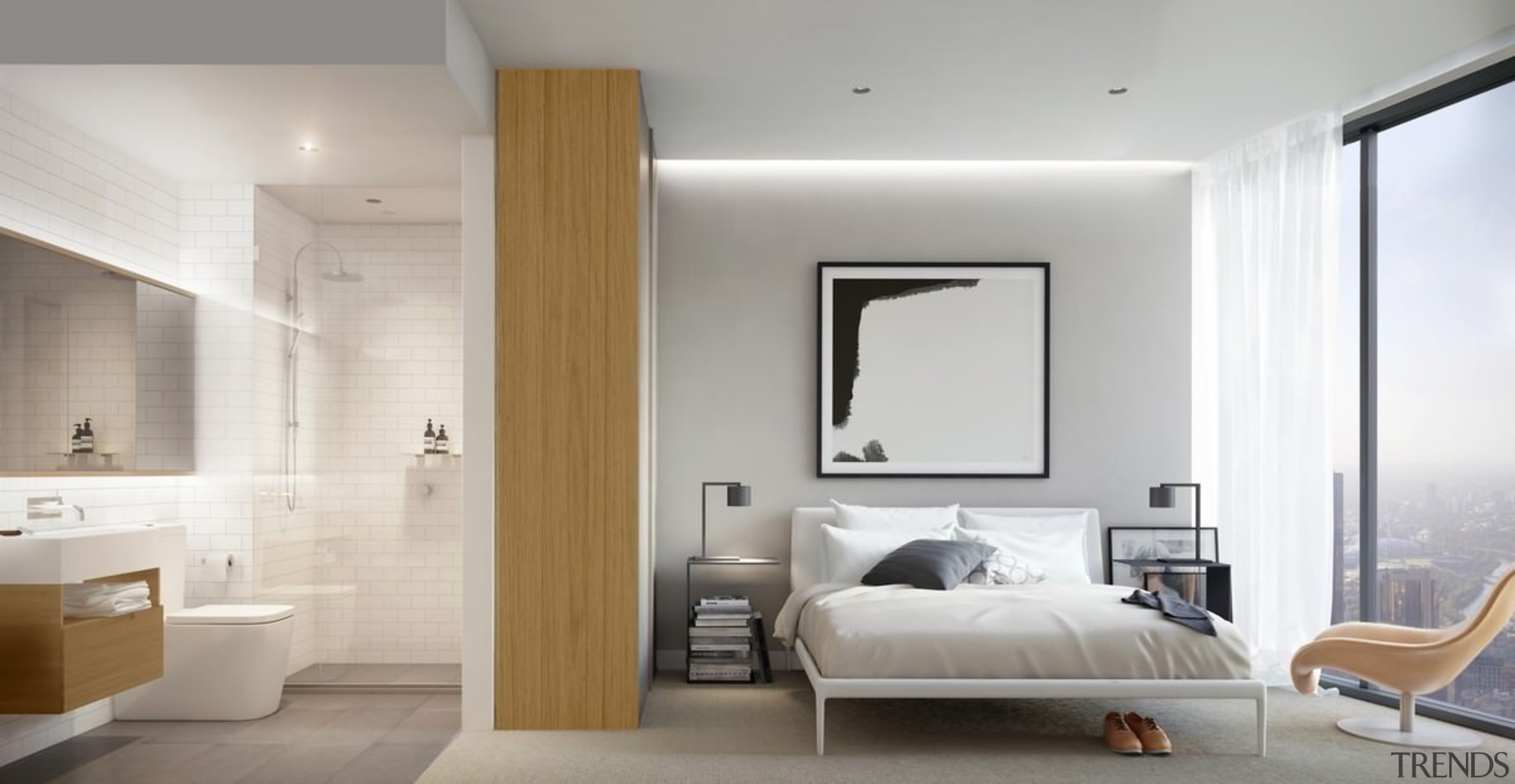 The spacious bathroom off this bedroom is a bedroom, ceiling, floor, home, interior design, interior designer, room, wall, gray