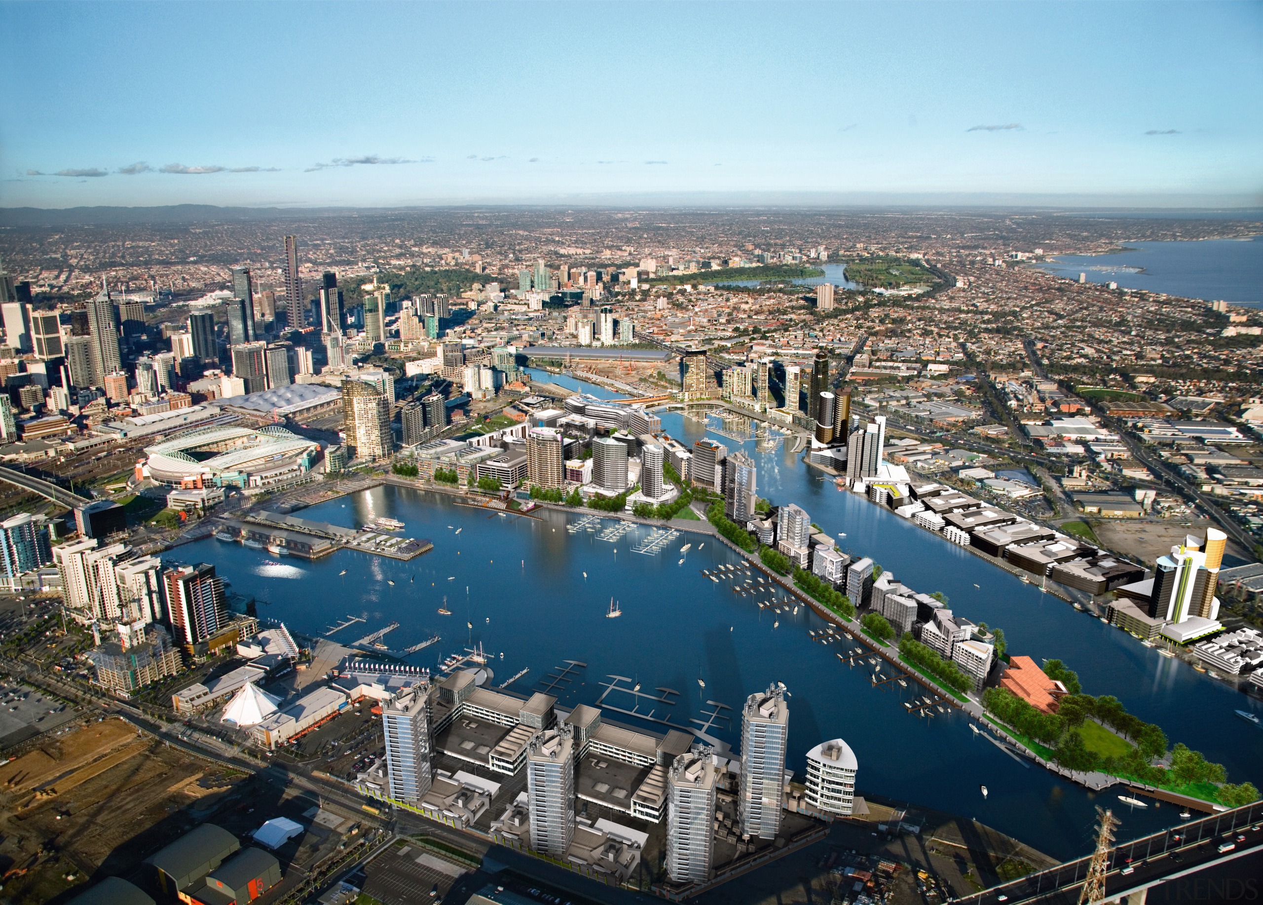 Victoria Harbour comprises the largest area in Docklands aerial photography, bird's eye view, city, cityscape, daytime, horizon, metropolis, metropolitan area, port, sky, skyline, tower block, urban area, water, waterway