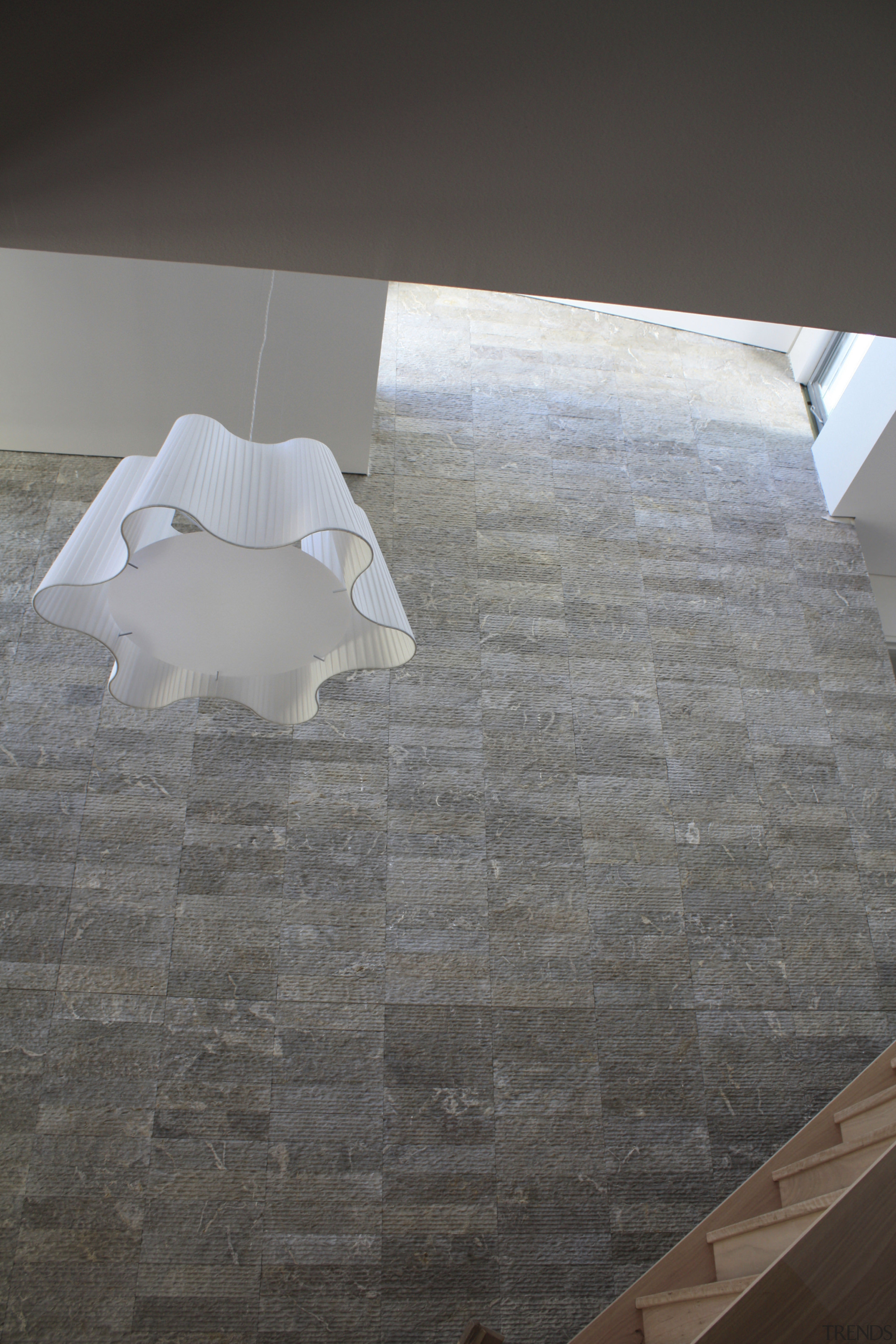 View of gray block wall cladding from Sareen architecture, daylighting, floor, flooring, product design, table, wood, gray, black