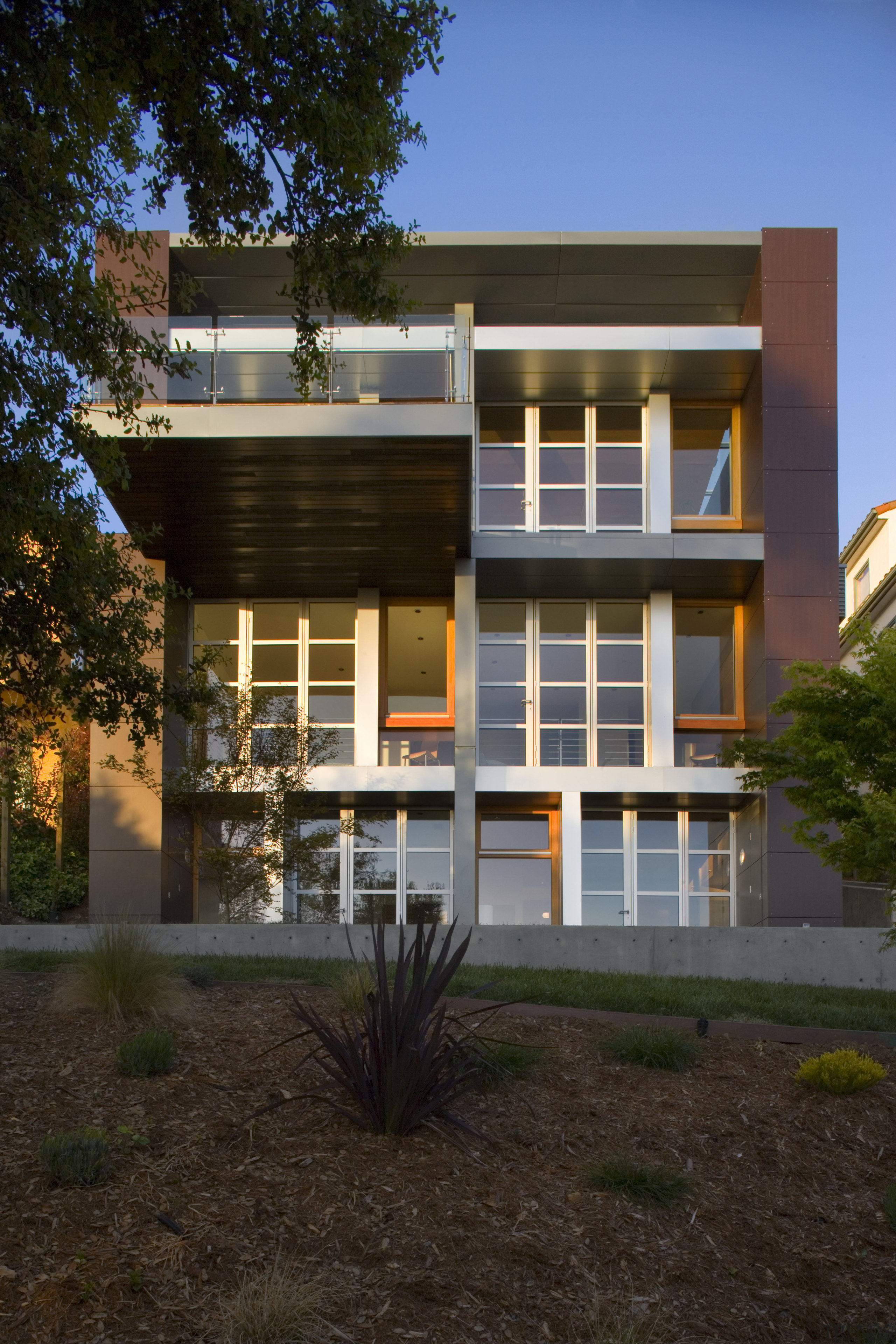 Exterior view of contemporary home with TRESPA siding, apartment, architecture, building, condominium, elevation, facade, home, house, mixed use, real estate, residential area, brown, black